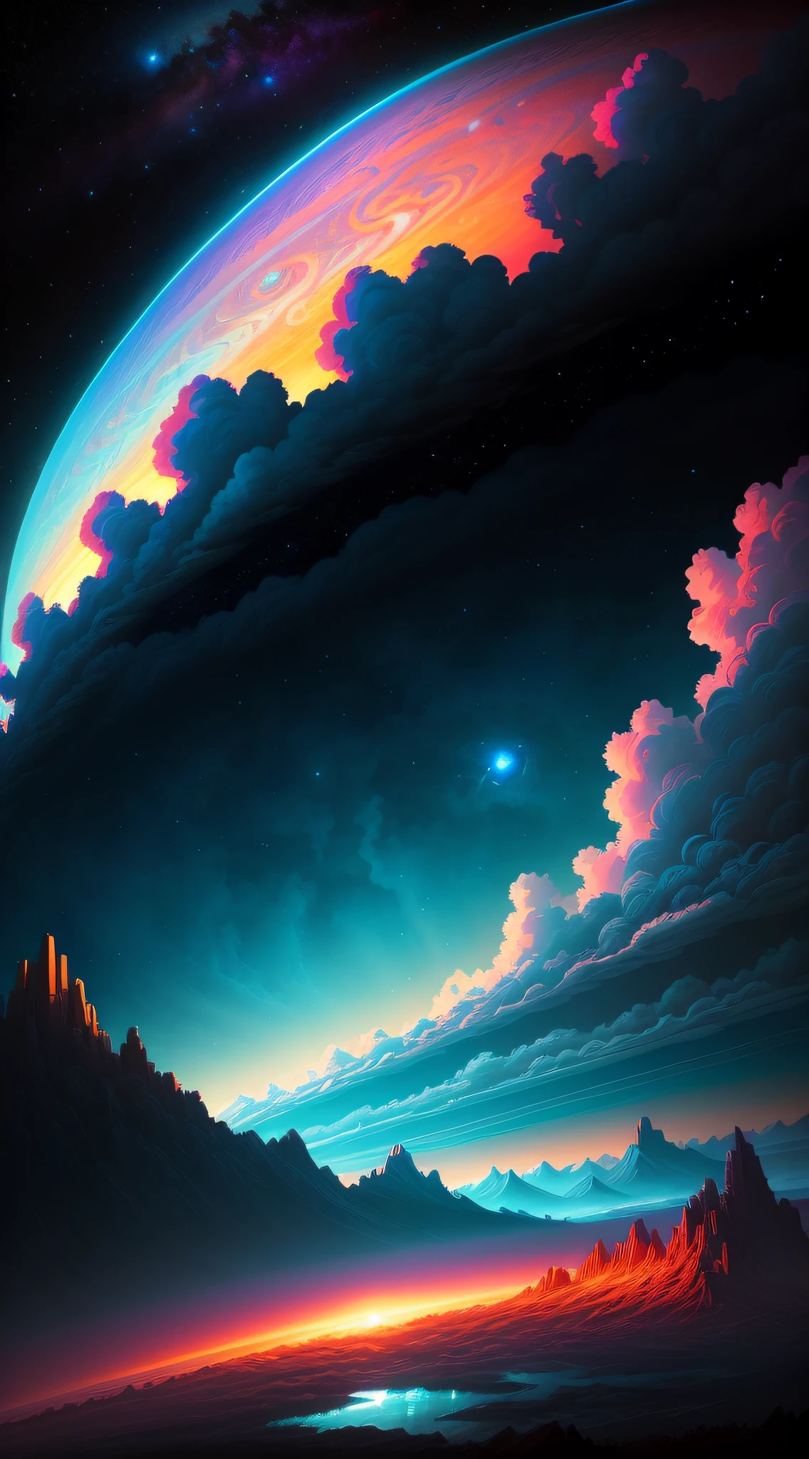 Jupiter cloud illustration by Dan Mumford, Alien landscapes and vegetation, epic look at your scene, A lot of spinning clouds, High exposure, Highly detailed, Realistic, vibrant blue color, hyper HD