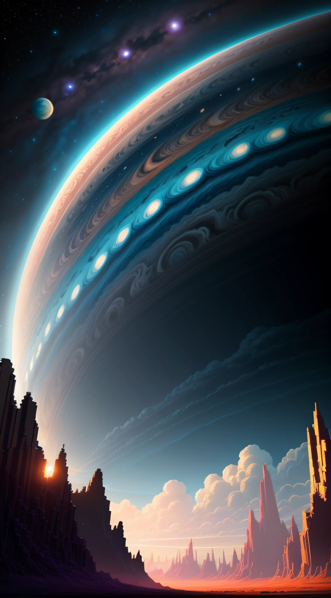 Jupiter cloud illustration by Dan Mumford, Alien landscapes and vegetation, epic look at your scene, A lot of spinning clouds, High exposure, Highly detailed, Realistic, vibrant blue color, hyper HD