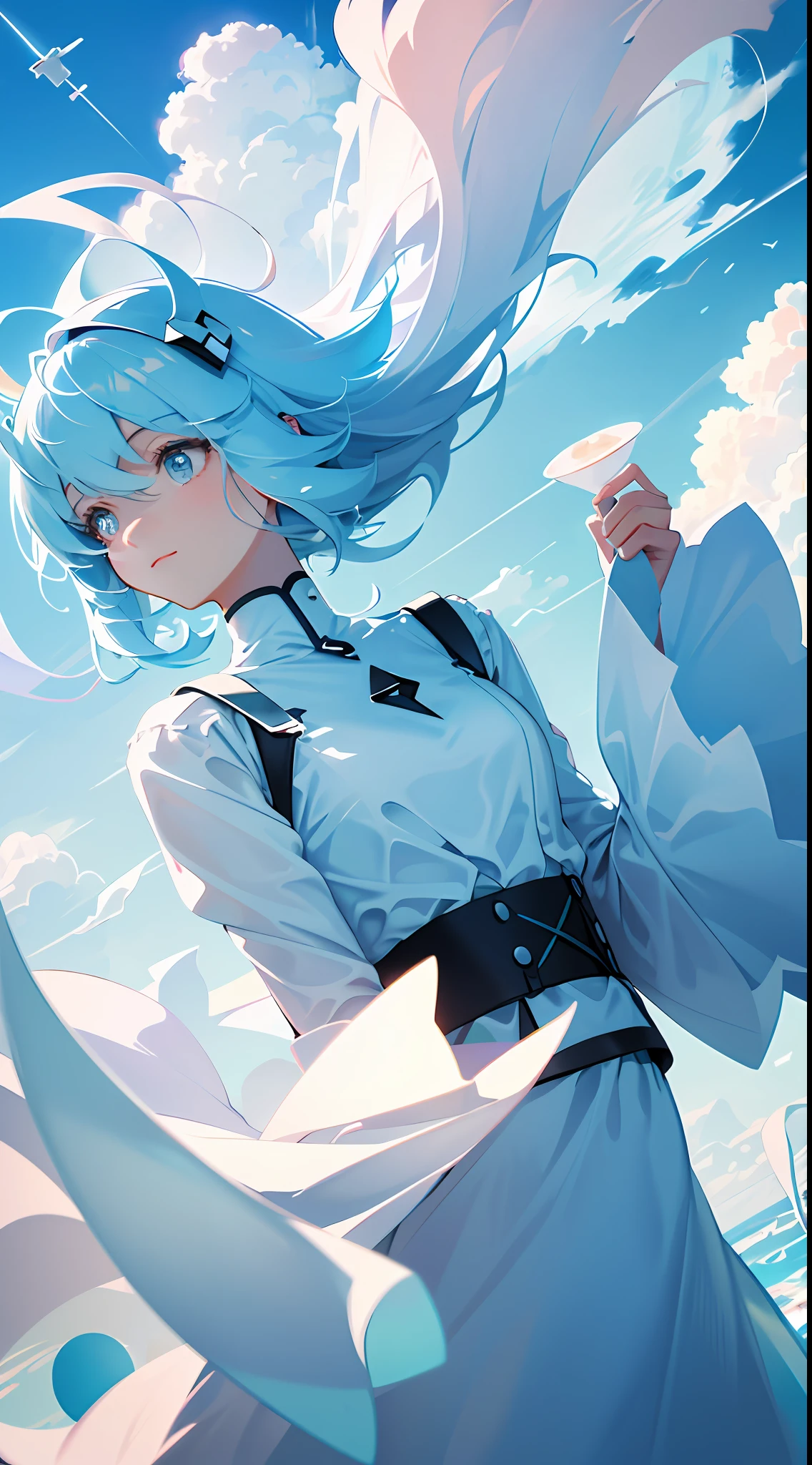masterpiece, best quality, movie still, 1girl, floating in the sky, cloud girl, cloud, (close-up:1.1), bright, happy, fun, soft lighting, (Bauhaus, shapes, lines, abstract:1.1)
