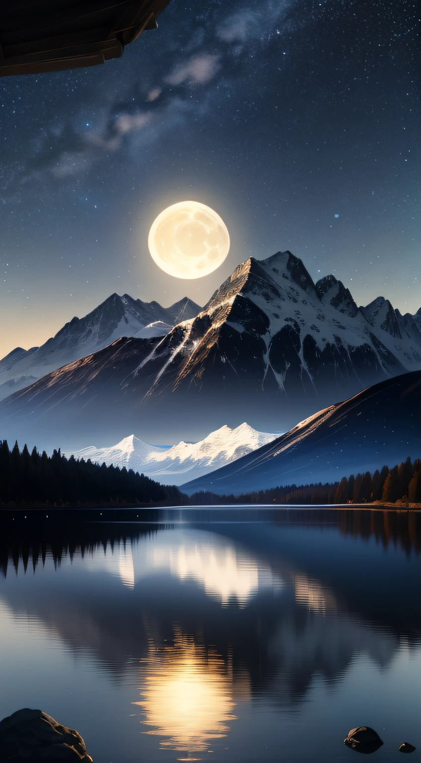 Very starry night. A giant moon behind the mountains. A tranquil lake reflecting the night. Realistic scene, detailed, photorealism, 8k