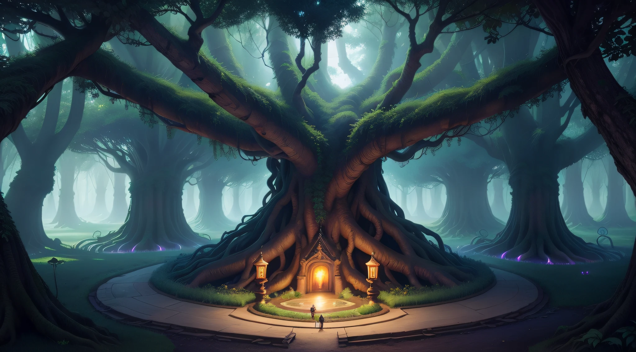 tmasterpiece，Best quality at best，Fiber tracing，jungles，Forest of dreamy monks，with light glowing，glowworm，Big banyan tree，Super Big Banyan Tree