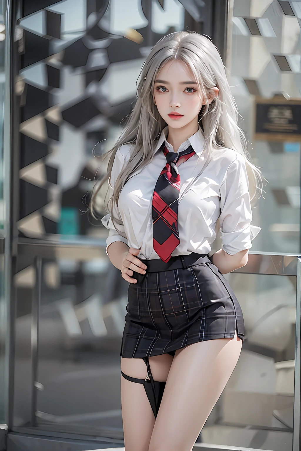 top-quality、tmasterpiece、超A high resolution、Photorealistic, high resolution, 1 Women, Solo,(Perfect body proportion),The upper part of the body,upper legs,(Clear facial features),Hips up, Beautiful eyes, Close lips, Detailed face, White hair, Long hair, Collared shirt, black necktie,checkered skirt, short skirt, Stockings