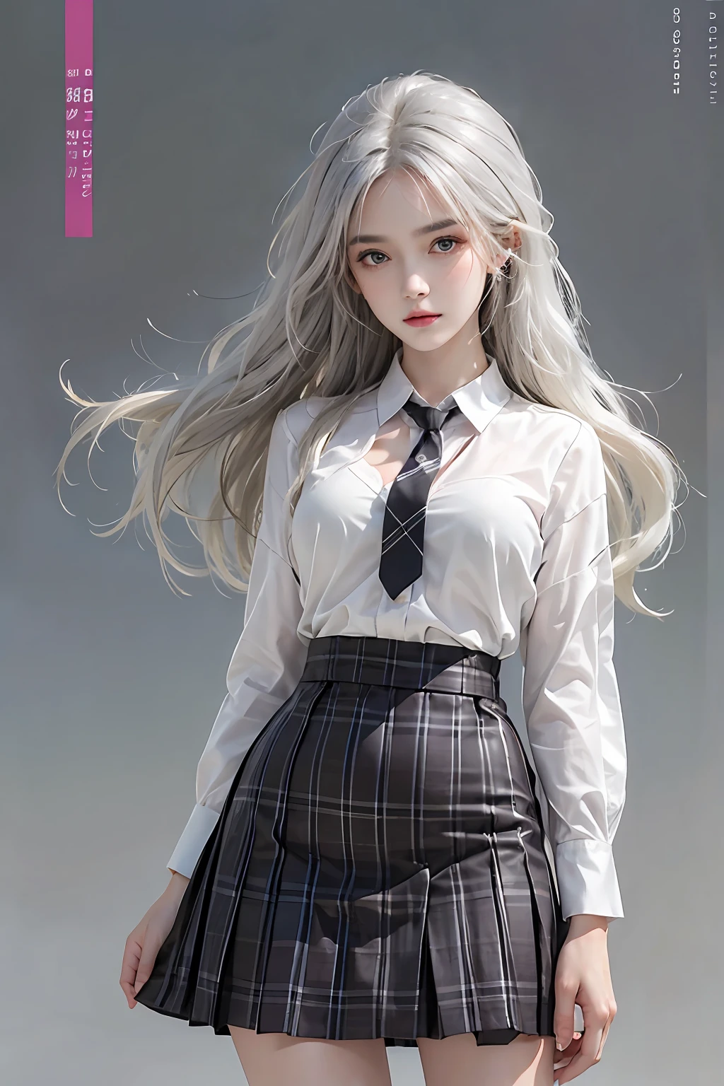 top-quality、tmasterpiece、超A high resolution、Photorealistic, high resolution, 1 Women, Solo,(Perfect body proportion),The upper part of the body,upper legs,(Clear facial features),Hips up, Beautiful eyes, Close lips, Detailed face, White hair, Long hair, Collared shirt, black necktie,checkered skirt, short skirt, Stockings