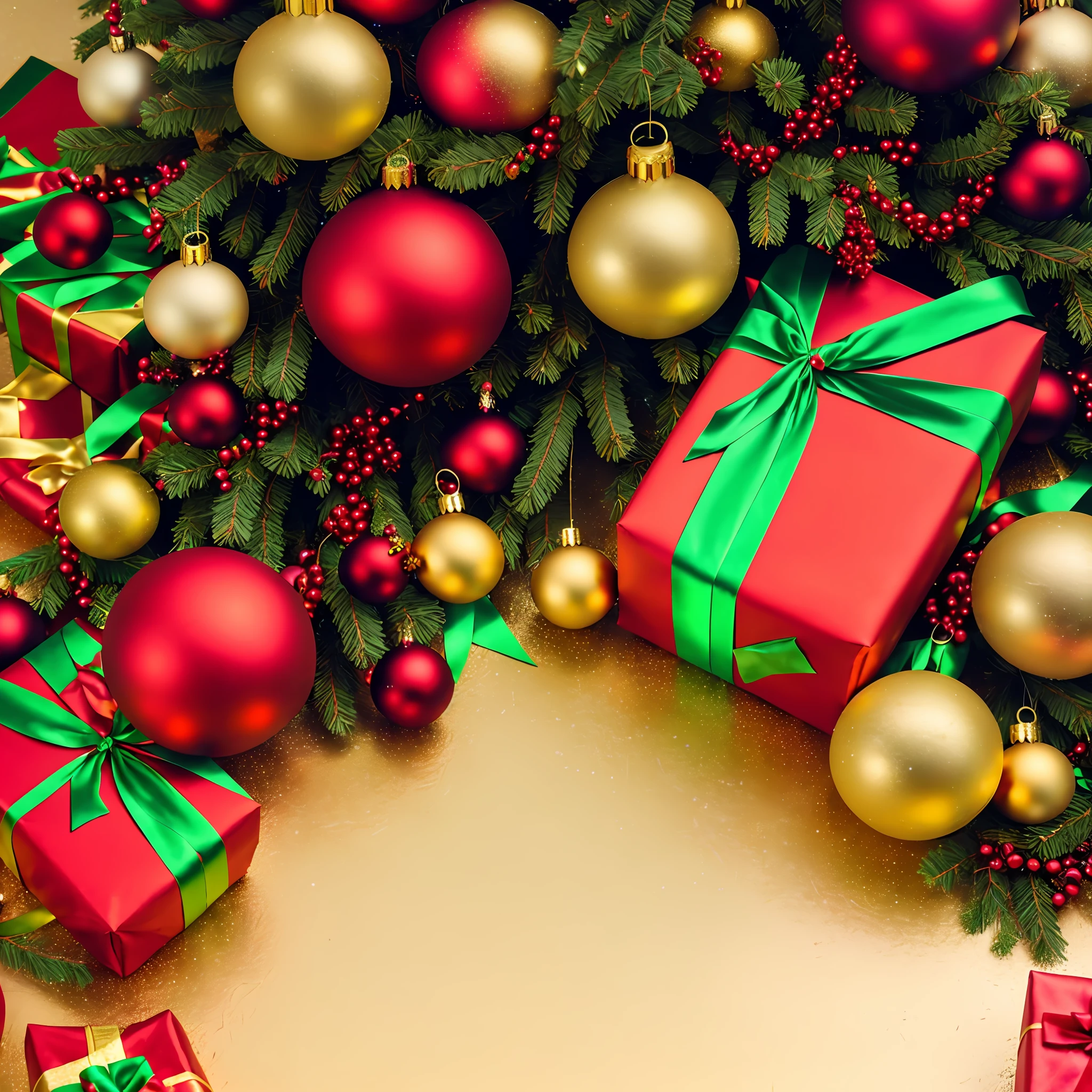 "A bright and festive image for a Christmas ad. El fondo es rojo con copos de nieve cayendo suavemente. with a large Christmas tree beautifully decorated with bright spheres, Lazos rojos y dorados y luces parpadeantes. en el centro hay un gran circulo negro para texto. Under the tree are many gifts wrapped in papers of different vibrant colors and golden ribbons.. The whole composition looks magical, Warm and perfect for a Christmas ad."