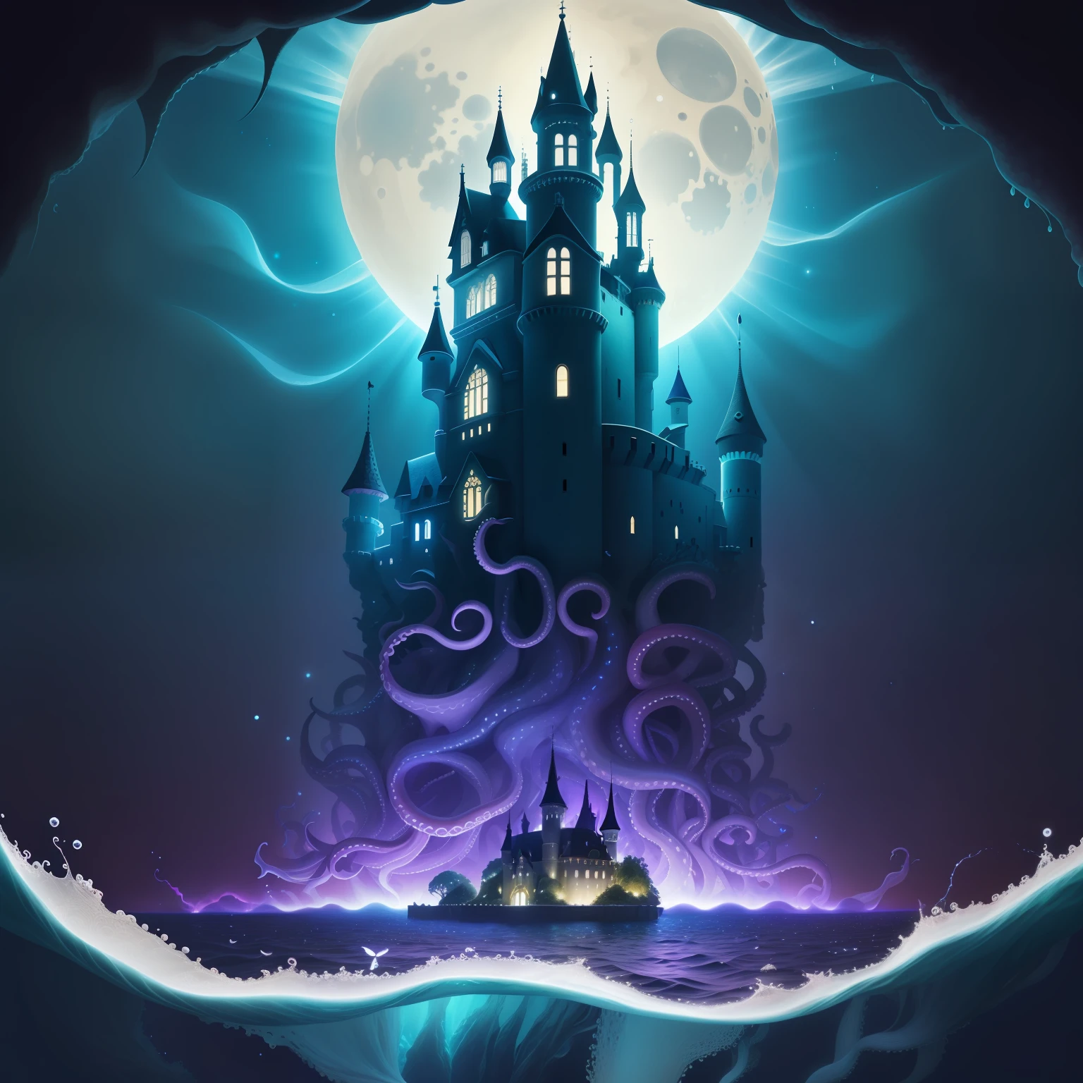 (tmasterpiece、Need、Ultra-delicate、A high resolution),A dark castle floating in mid-air,Below is the surface of the sea,There are a lot of octopus tentacles in the sea,the night,No light,themoon,rays of moonlight,(Look at the perspective from the bottom up)