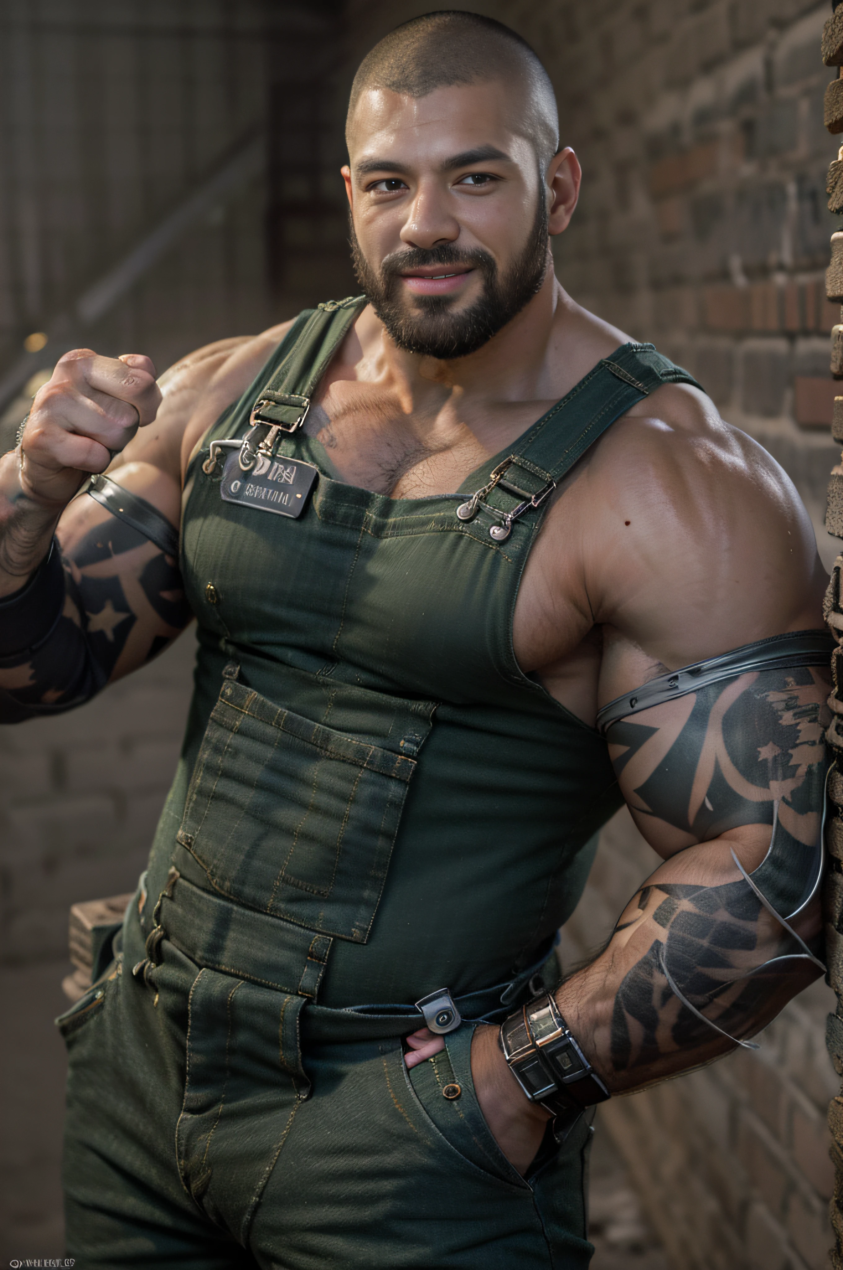 Realistic, Masterpiece, Best quality, Cinematic, Dynamic lighting, naturalshadow, Ray tracing, voluminetric lighting, Highest detail, Professional photography, Detailed background, Depth of field, insanely details, Intricate, Aesthetic, Detailed face, Detailed skin, Subsurface scattering, photo-realistic hair, Realistic eyes, Muscular, Masculine, Big Pectoral Muscles, (Shiny skin:1), (Sweat:0.5), pecs, Abs, Photo of a handsome man, adeptus mechanicus, Green overalls, mitts, Hold the wrench, workshop, Car,, Fake smile, Dynamic pose,（（The crotch is raised）），buzz cut