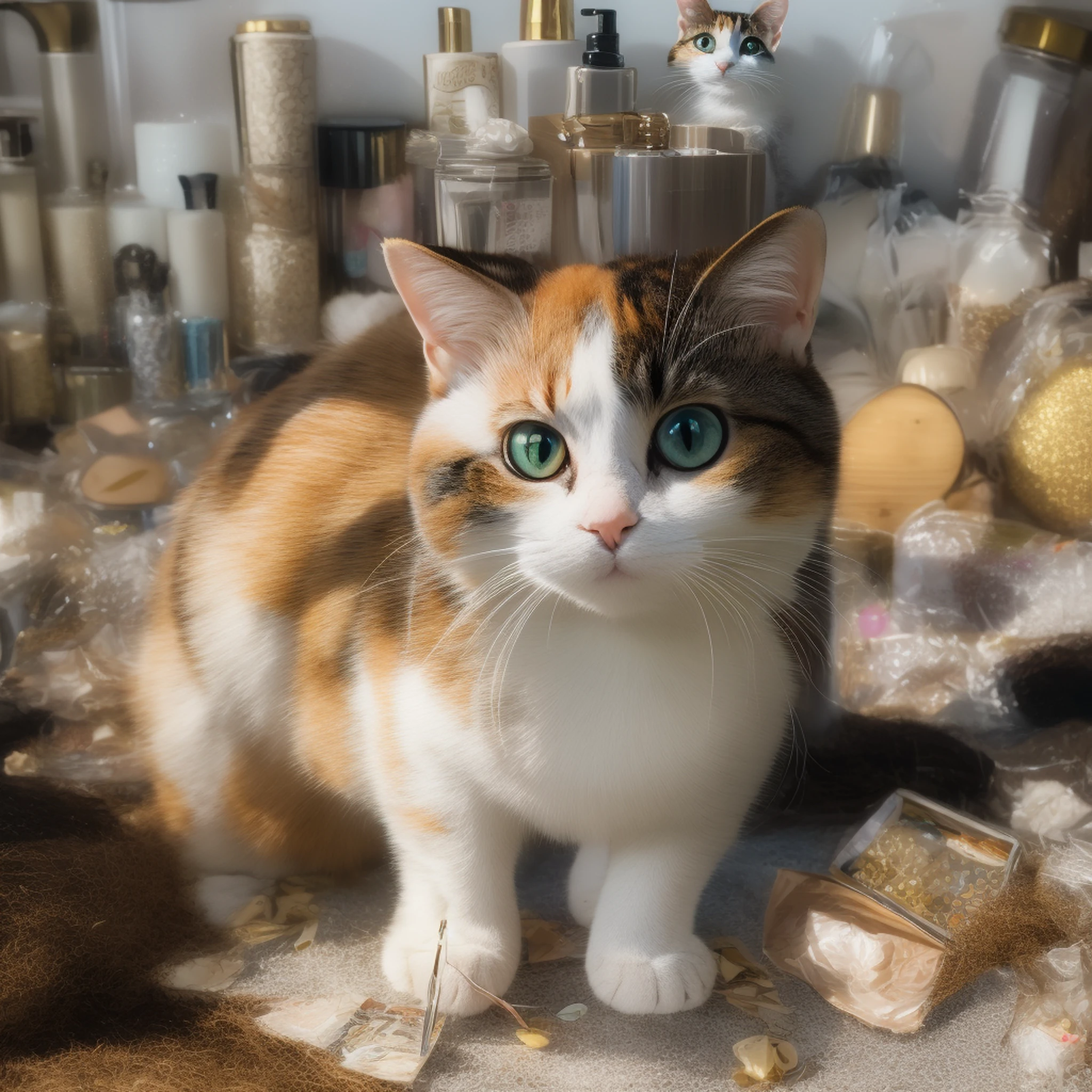 Unbeatable masterpiece，Ultra-realistic 8K CG，Perfect artwork，Cute cats，calico cat，Standing in front of a pile of cosmetics，Cosmetics all around，short hairs，shaggy，Very rich in detail，astonishing detail，Very clear hair，perfect  eyes，Perfect paws，Perfect tail，The eyes are shining，ellegance，Studio lighting effects