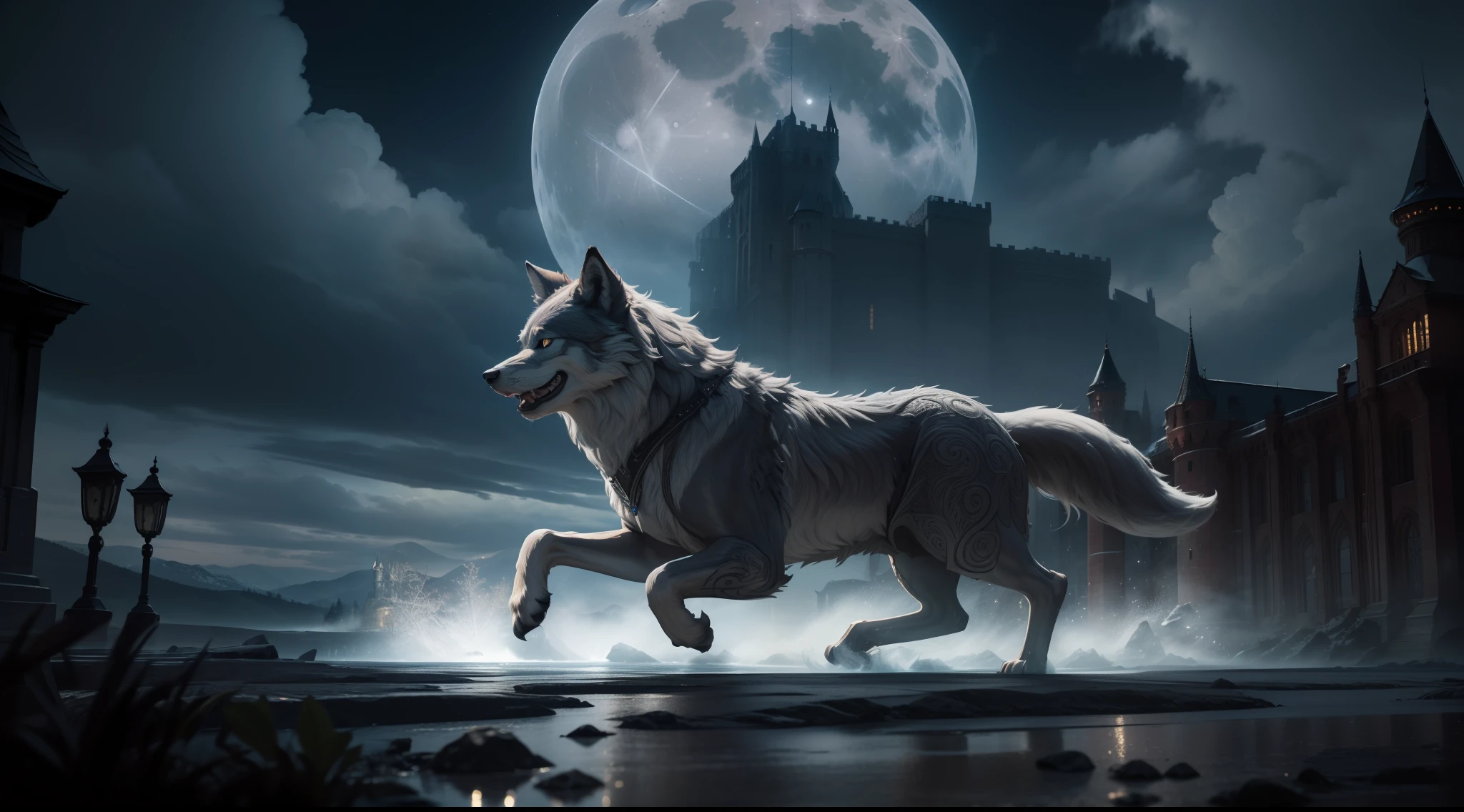 arafed, high details, best quality, 8k, [ultra detailed], masterpiece, best quality, (extremely detailed), dynamic angle, ultra wide shot, RAW, photorealistic, a picture of a wolf howling in front of a dark castle at night in the middle of a lightnning storm, [[lightninng storm]] (1.5 intricate details, Masterpiece, best quality) moon light, lake ( (1.5 intricate details, Masterpiece, best quality), big grey wolf (1.5 intricate details, Masterpiece, best quality) red eyes, glowing eyes (1.5 intricate details, Masterpiece, best quality),  castle reflection in lake  (1.5 intricate details, Masterpiece, best quality), dynamic angle, (1.4 intricate details, Masterpiece, best quality) 3D rendering, high details, best quality, highres, ultra wide angle