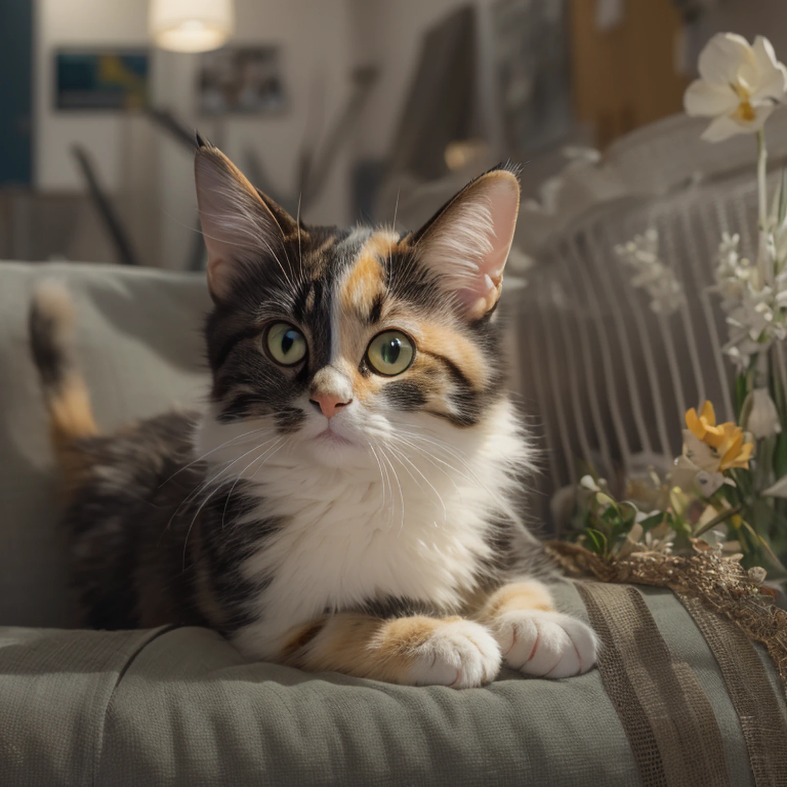 Unbeatable masterpiece，Ultra-realistic 8k CG，Perfect artwork，cute cats，calico cat，Now on the couch，shaggy，Very rich in detail，astonishing detail，Very clear hair，perfect  eyes，Perfect paws，Perfect tail