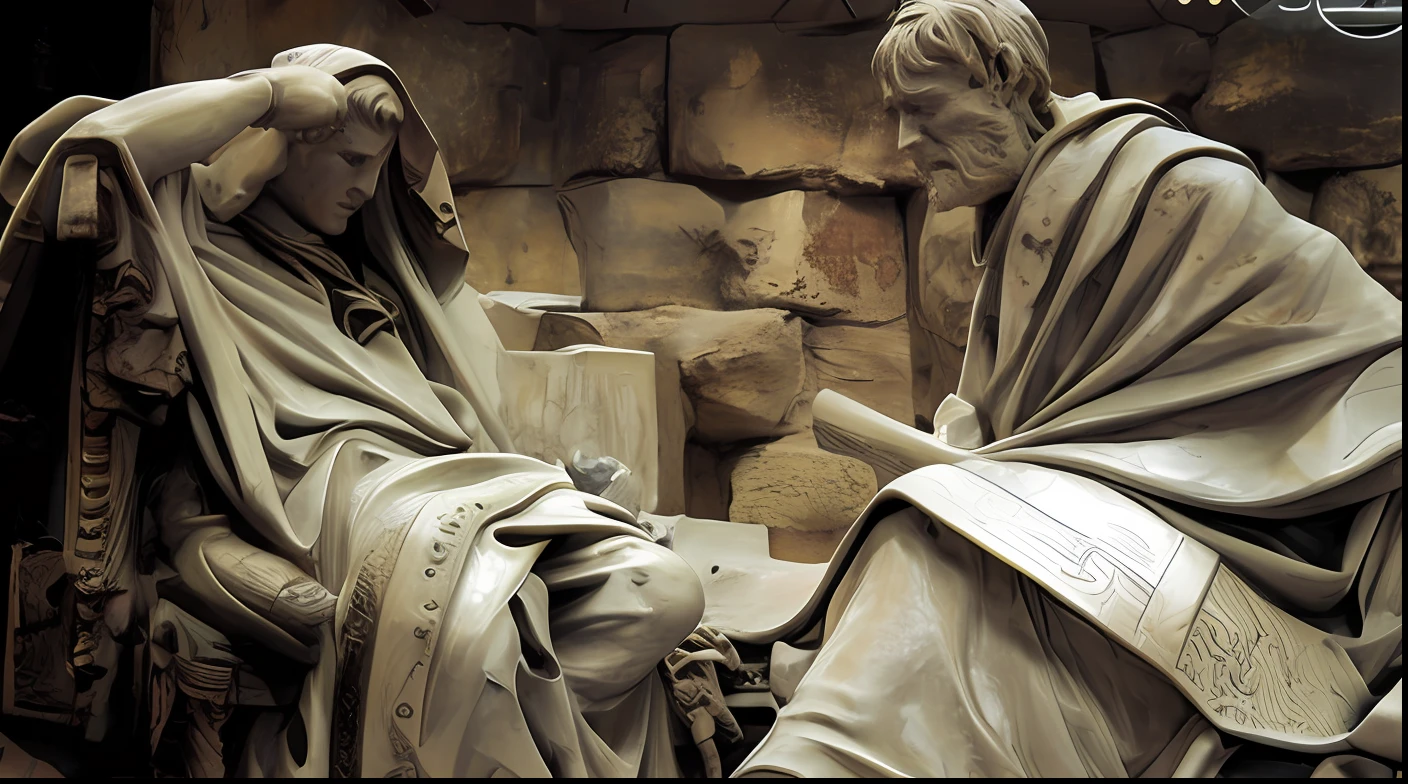 Statue of two men sitting on a bench in a stone building, statues, Detalhe brilhante, Esculturas, Directed by: Romano Vio, with several broken statues, escultura altamente detalhada, broken statues, dramatic artwork, Directed by: Giorgio De Vincenzi, Marble statues, Stone statues, escultura religiosa, cena de escultura em alto relevo, Caravaggio e Moebius