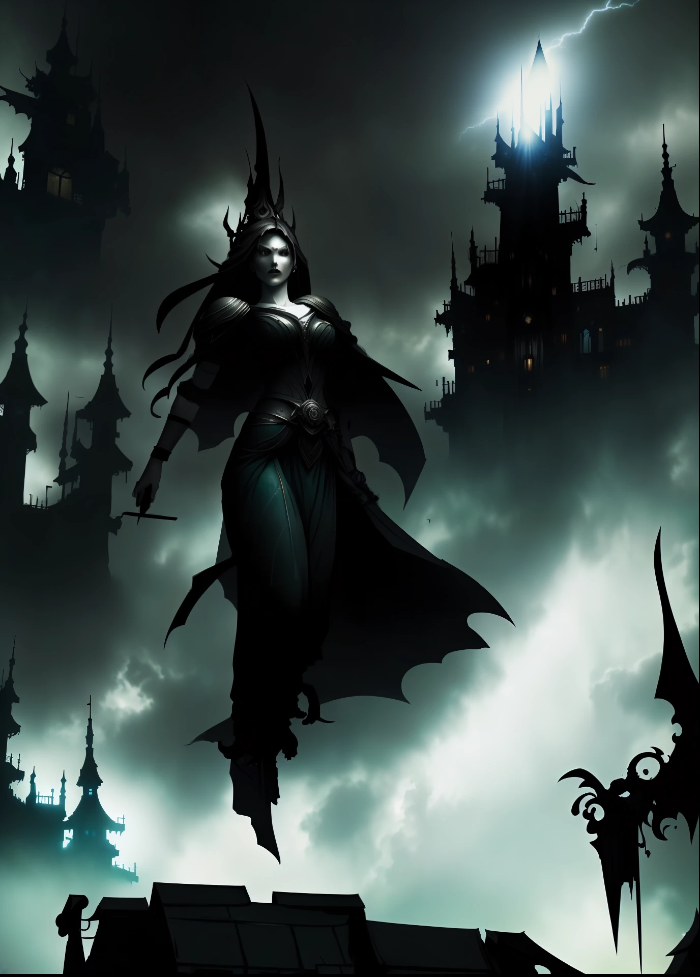 In the middle is a barefoot witch dressed in white,There is a full moon overhead,It is surrounded by demons and monsters,Dark environment,shadowing,Ride in a white robe,The thin face and big eyes glow blue,A wand with blue flame in his hand,Pitch black night sky,Dark blue light,Fortress of fantasy,Enshrouded by clouds,spooky ambiance,darkly,Dark clouds rolling,Three bolts of lightning,Blue Flame,(best qualtiy,tmasterpiece: 1.2,超高分辨率, The is very detailed,best qualtiy,illustratio,The is very detailed,CG,unified,8k 壁纸,Detailed textures,depth of fields,intense shading,handpainted,The face is delicate,