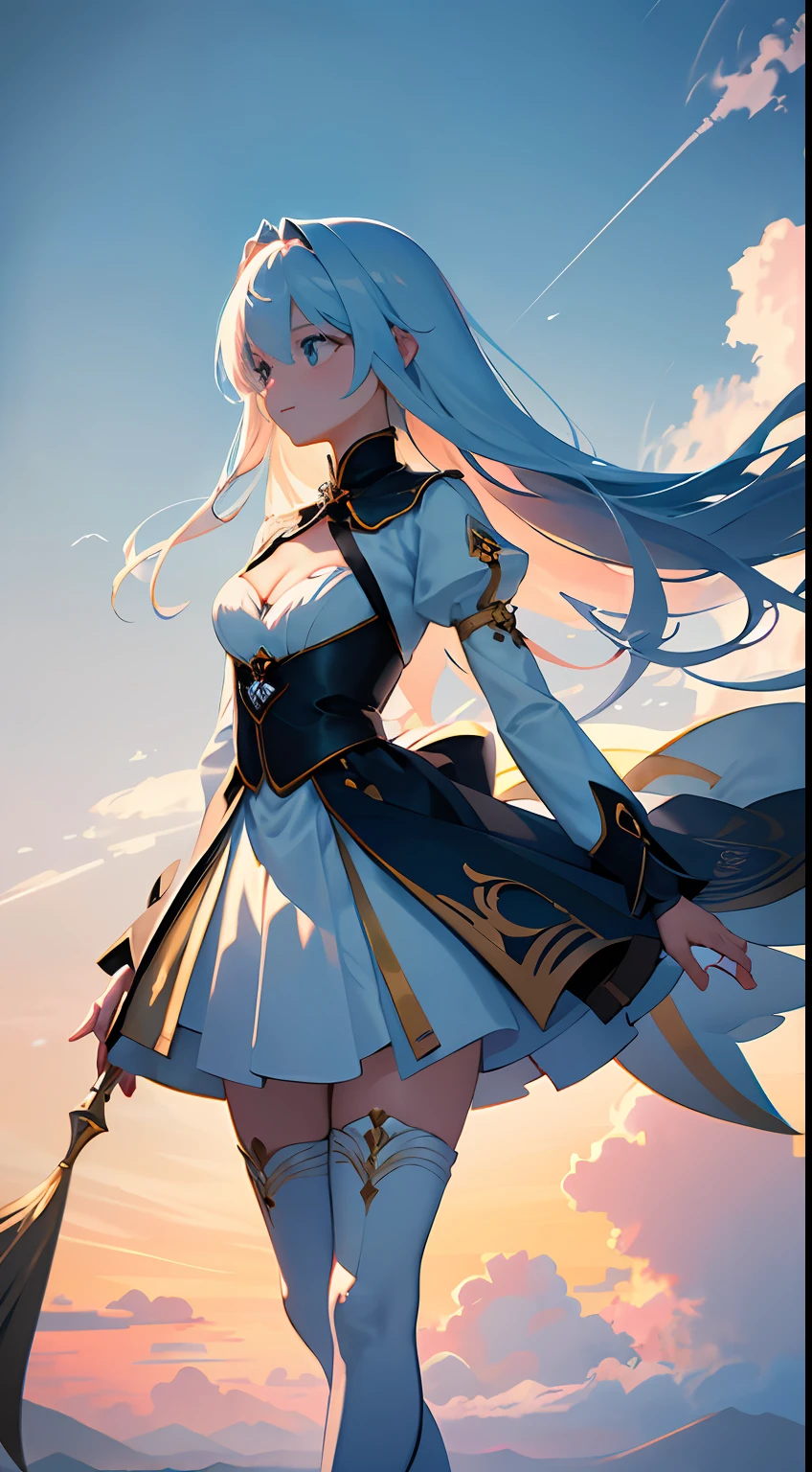 tmasterpiece,best qualtiy,cinematic Film still from,1girll,Floating in the sky,Kizi,long whitr hair,Fairy air fluttering,clouds,(closeup cleavage:1.1),brightly,cheerfulness,intriguing,gentlesoftlighting,(bauhause,Shape,lineworks,abstracted:1.1),stocklings,upper legs,nedium breasts