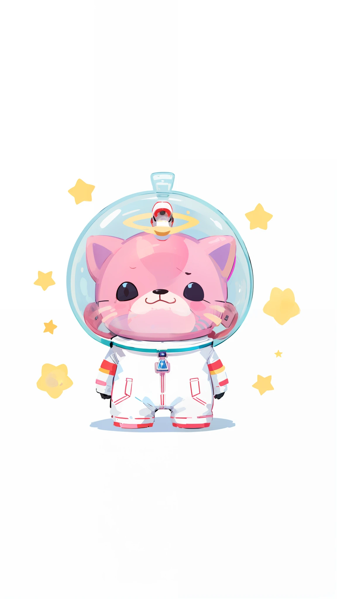 Cartoon cat with stars and stars around the spacesuit, space molly, cute astronaut sticker art, in a space cadet outfit, wears tiny spacesuit, candypunk character design, cute character, wearing spacesuit, bubblegum body, clothed in space suit, lonely astronaut, Cute cartoon character, wearing spacesuit, wearing astronaut outfit, octopus wearing a spacesuit, An astronaut