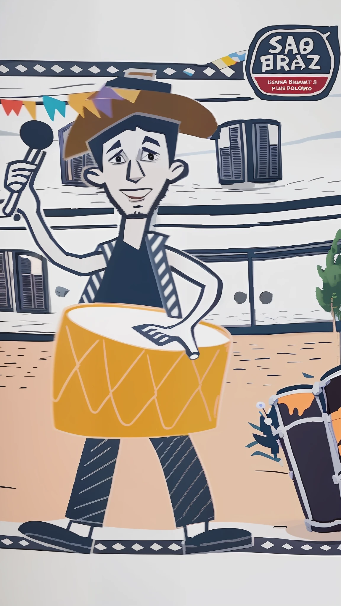 Cartoon of a man with a hat and a drum in front of a building, animation still, animation movie still, animation movie still, animation still screencap, An illustraion, hand - drawn animation, desenho animado ainda, stylised illustration, Directed by: Emma Rios, Directed by: CeFerí Olivé, video animation, animation illustrative style, filme ainda de um desenho animado