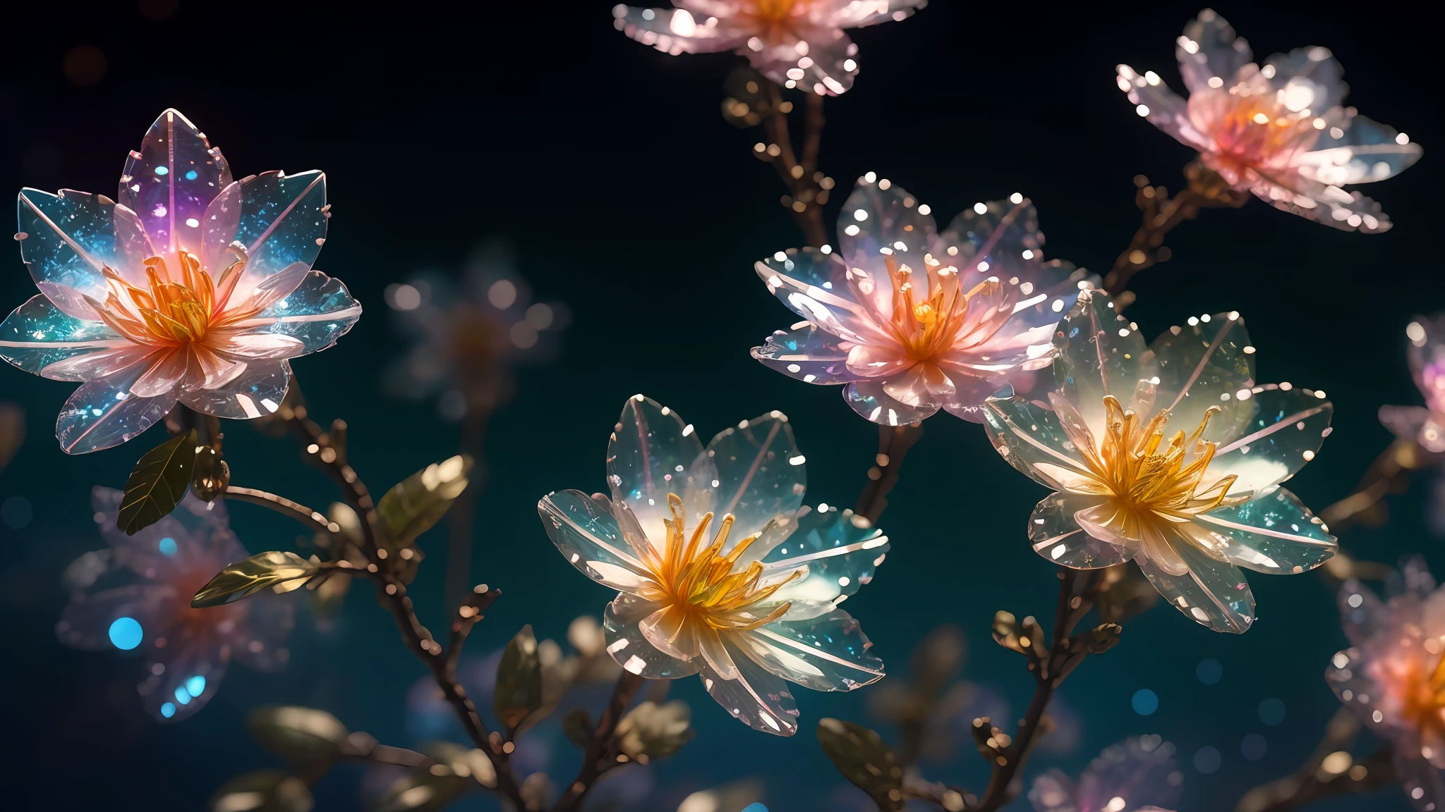 crystal spring blossom,
fantasy, galaxy, transparent,
shimmering, sparkling, splendid, colorful,
magical photography, dramatic lighting, photo realism, ultra-detailed, 4k, Depth of field, High-resolution