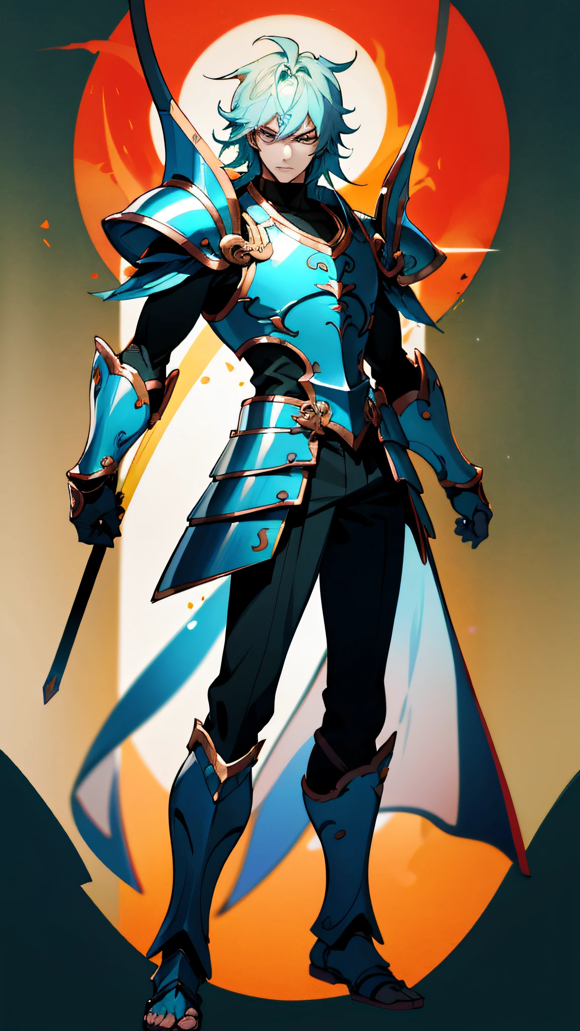 Male character, Japanese anime style, dressed in Saint Seiya style armor, based on Demon Hunter from the Diablo video game saga, red base, stylized armor, detailed, comfortable to wear for the character, normal build character, not robust, helmetless armor,