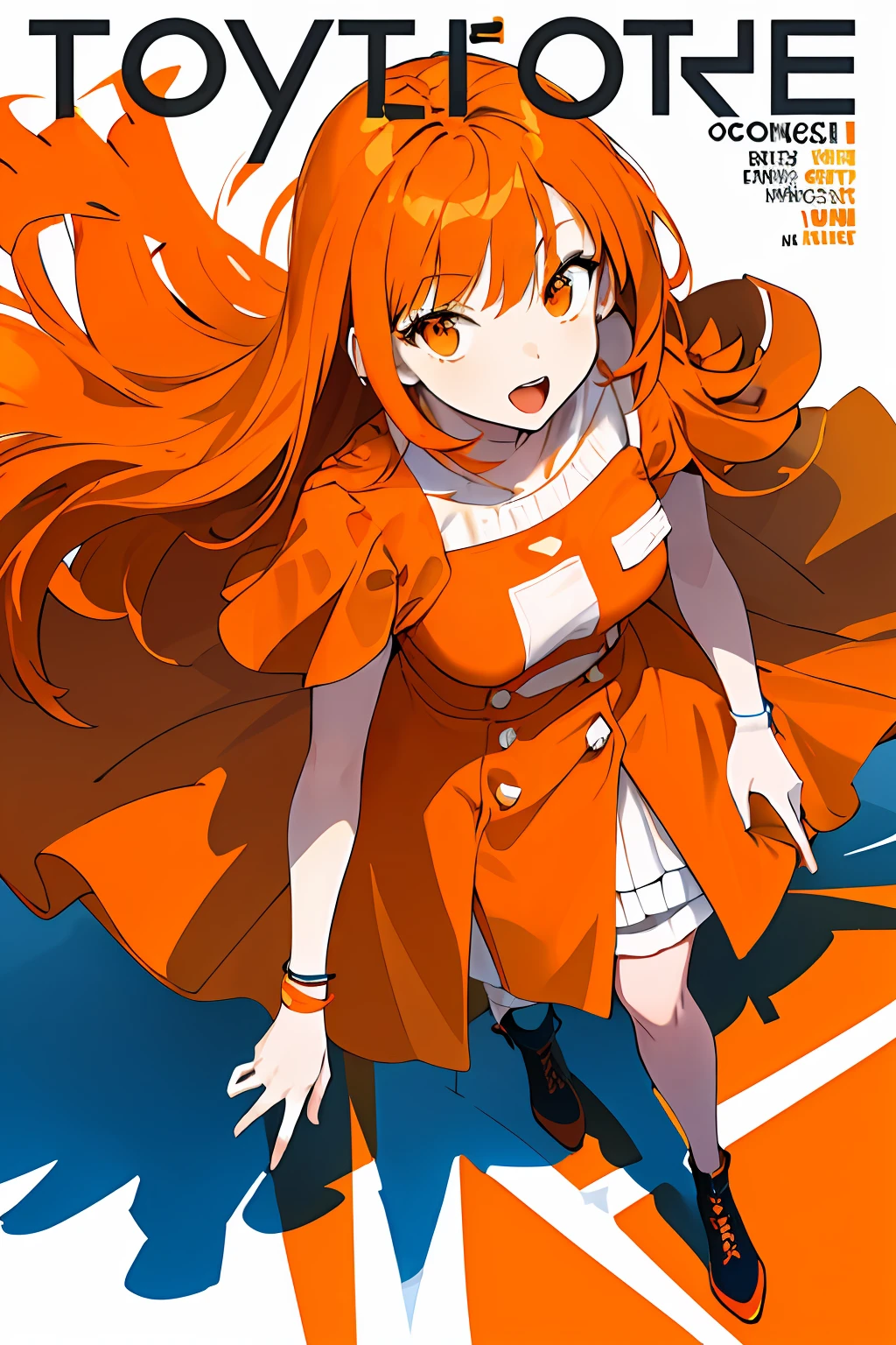 masterpiece,(best quality),(1girl) ,solo,(high contrast:1.2),(high saturation:1.2), ((hands on the pocket)),((orange sdress)),looking at viewer,((white and light orange theme:1.3)),((white and light orange background:1.5)),orange hair,orange eyes,((walking:1.3)),full body,black footwear,((the light blue water on sky and white cloud and day)),((from above:1.2)),
(magazine:1.3), (cover-style:1.3), fashionable, woman, vibrant, outfit, posing, front, colorful, dynamic, background, elements, confident, expression, holding, statement, accessory, majestic, coiled, around, touch, scene, text, cover, bold, attention-grabbing, title, stylish, font, catchy, headline, larger, striking, modern, trendy, focus, fashion,long hair