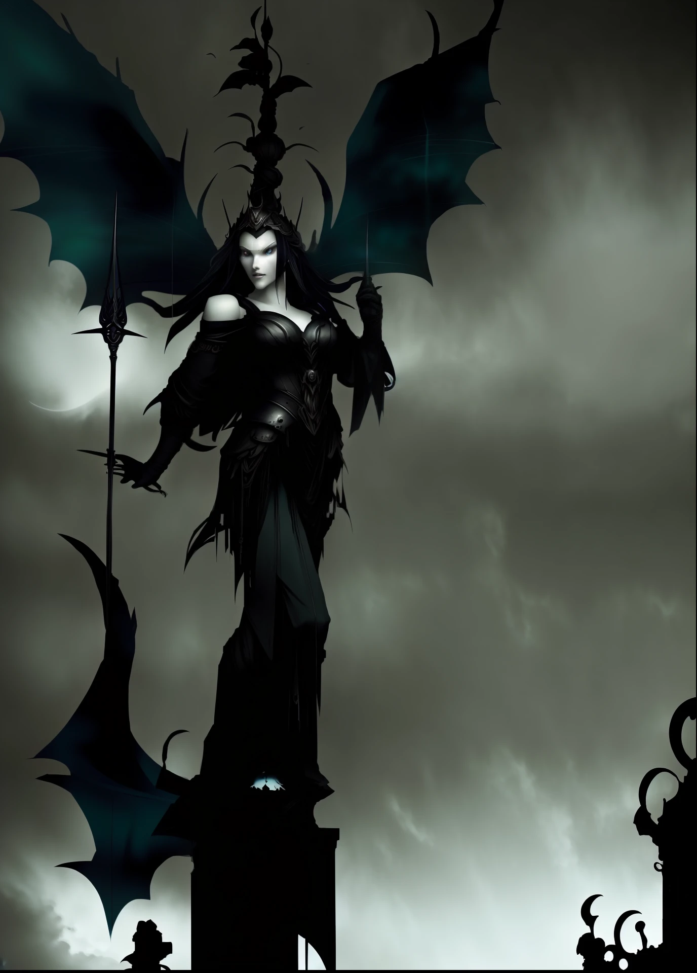 In the middle is a barefoot witch dressed in white,There is a full moon overhead,It is surrounded by demons and monsters,Dark environment,shadowing,Ride in a white robe,The thin face and big eyes glow blue,A wand with blue flame in his hand,Pitch black night sky,Dark blue light,Fortress of fantasy,Enshrouded by clouds,spooky ambiance,darkly,Dark clouds rolling,Three bolts of lightning,Blue Flame,(best qualtiy,tmasterpiece: 1.2,超高分辨率, The is very detailed,best qualtiy,illustratio,The is very detailed,CG,unified,8k 壁纸,Detailed textures,depth of fields,intense shading,handpainted,The face is delicate,