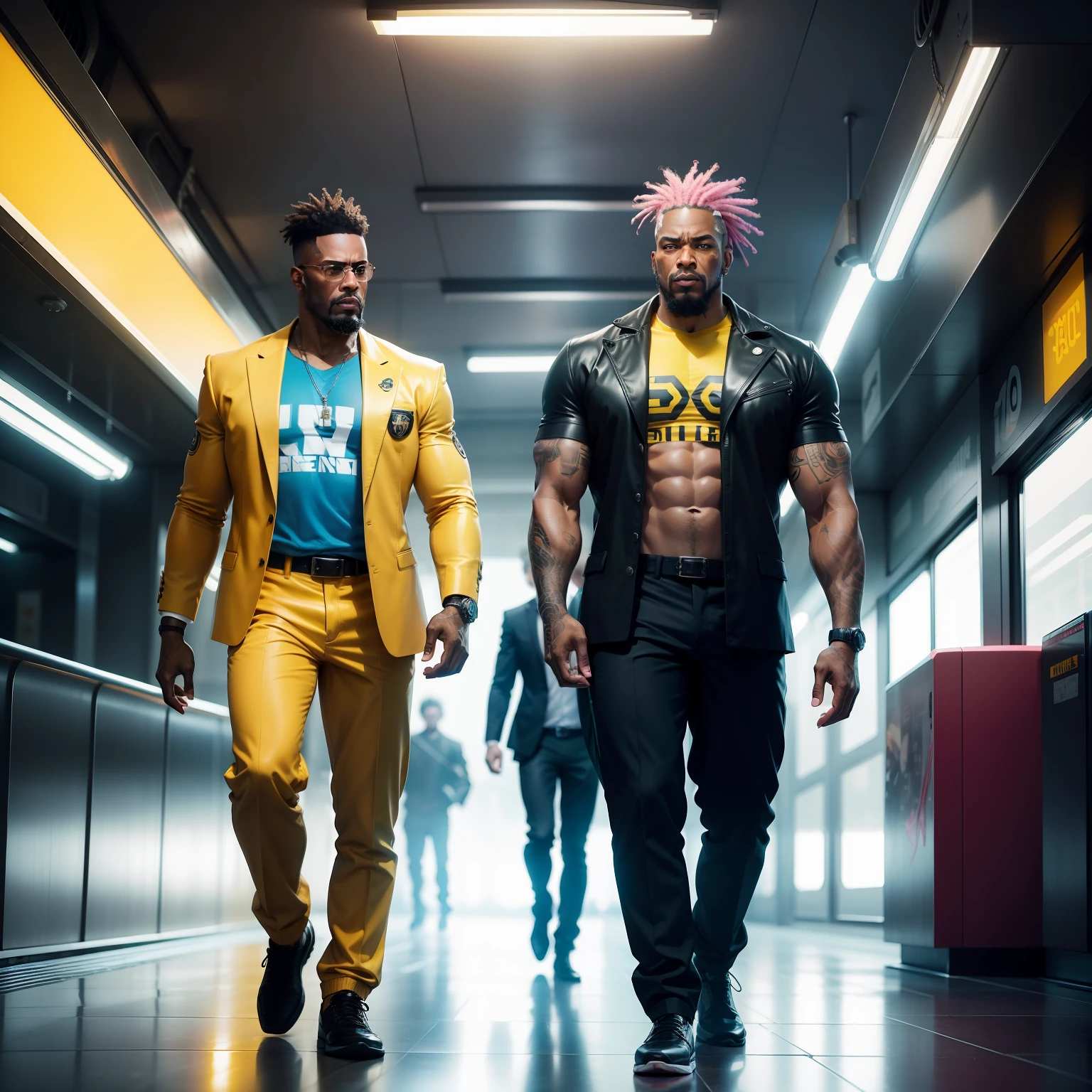 gostaria de uma imagem estilo cyberpunk em 4k de 2 personagens de mais ou menos 40 anos ,africano, forte, musculoso,Bodybillder,muito forte de pele negra ,barba grande,barba, Estiloso Barbon,com cabelo punk estilo anos 80 na cor amarelo e cinza escuro,muito eLegante,, futurista e estiloso neon , com uma tatuagem super colorida e com neon ,Toattoo, facing a metro station on the platform , with station lights failing in a dimly lit environment, standing dressed in a dark yellow suit with a pink bow tie and baggy shirt.