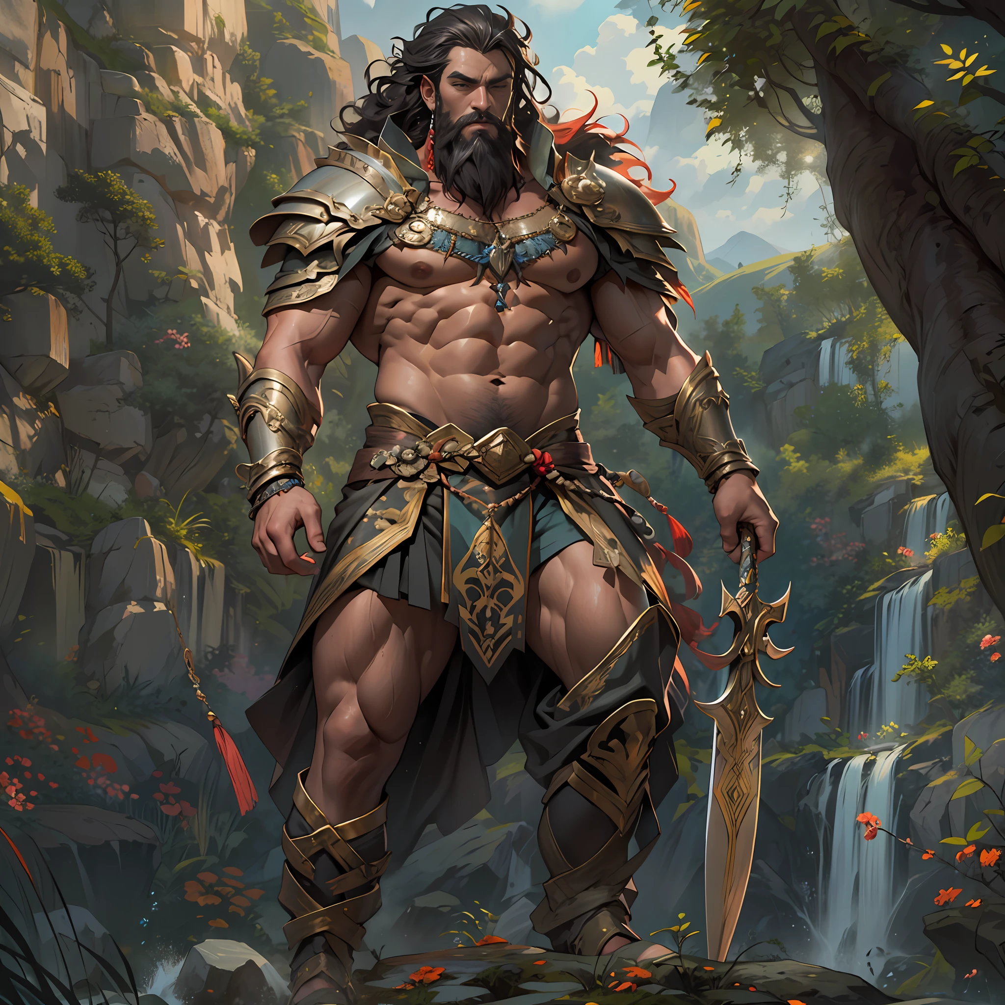 Powerful warrior, upper torso unveiled, lower body uncovered from thighs to feet, decorated with a beaded beard, cascading long curls, meticulous muscle definition, lifelike depiction, 4K resolution. Background: Mythical fantasy landscape,32k uhd, best quality, masterpiece, super detail, high details