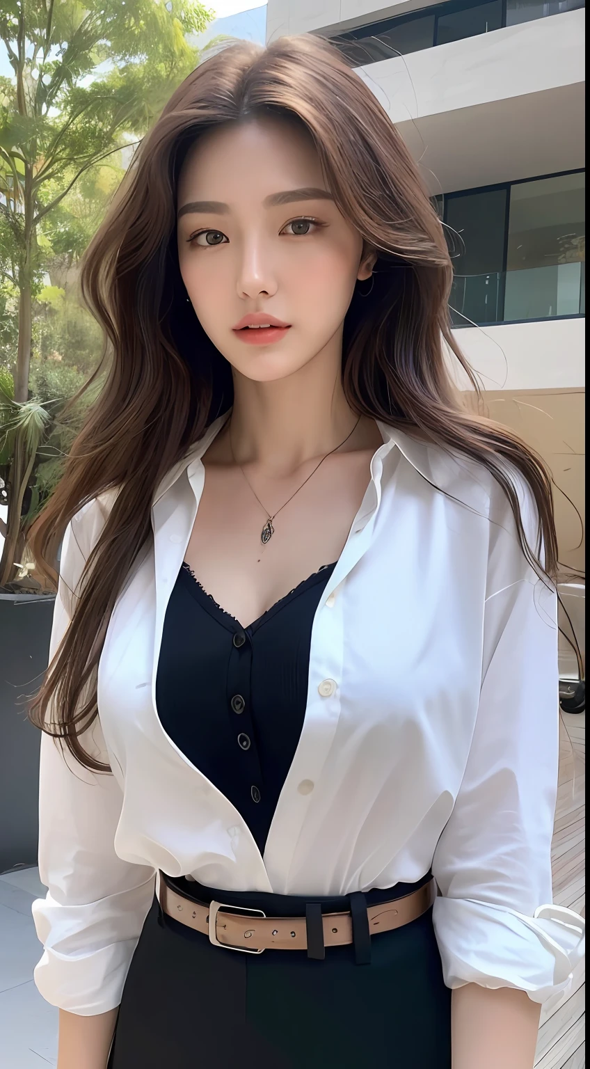 (Best quality, High resolution, Masterpiece :1.3), A tall and pretty woman, Slender abs, Dark brown hair styled in loose waves, Breasts, Wearing pendant, White button up shirt, Belt, Black skirt, (Modern architecture in background), Details exquisitely rendered in the face and skin texture, Detailed eyes, Double eyelid