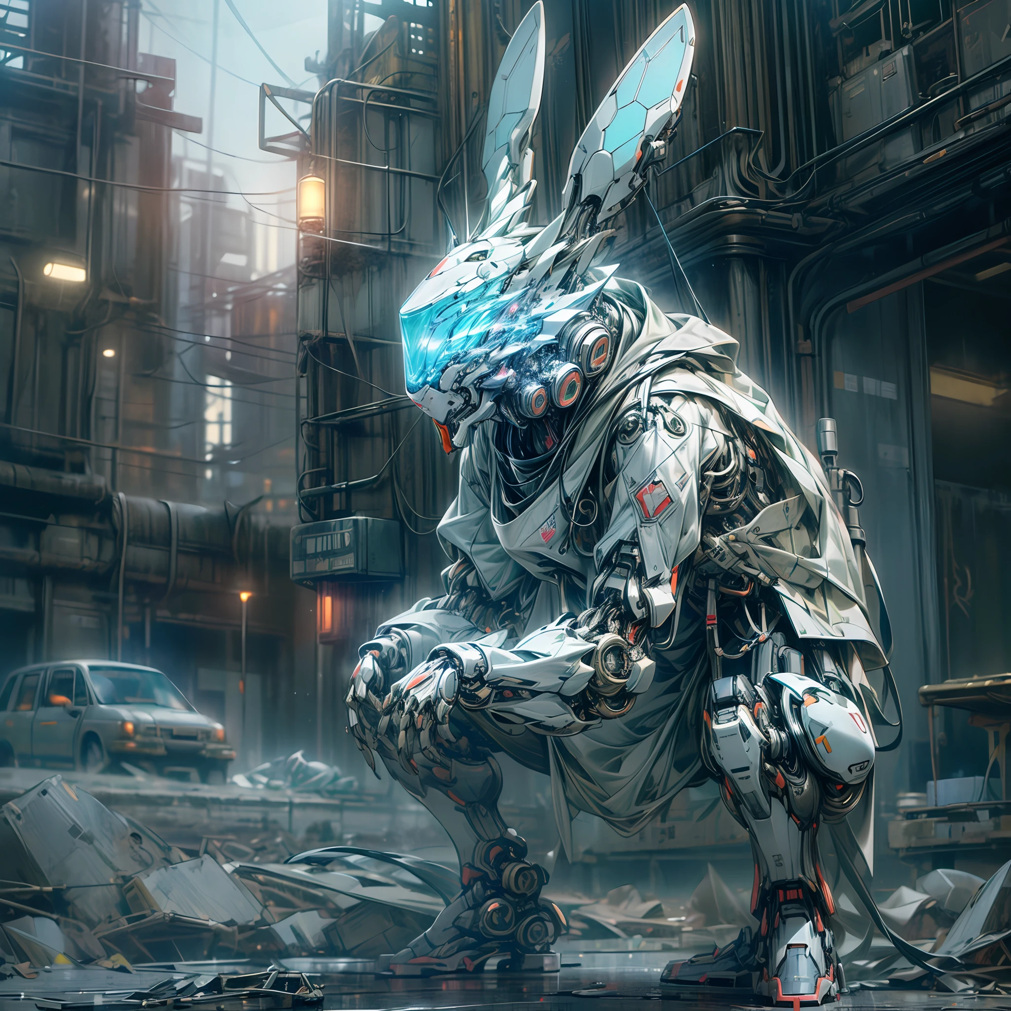 (anthropomorphism:1.5),(Full Body Shot), Cyberpunk, In the middle, 1 white rabbit mecha(Mechanical style white rabbit head, Blue glowing goggles, Gas mask, Short stature, thin and weak), Standing on two legs, mechanical miracle, damaged Machine element,nobody, Moonlight, Dreamy Glow, ruined city,  ( Global illumination, raytracing, HDR, unreal render,reasonable design, masterpiece, best quality, UHD, Cinematic Lighting)