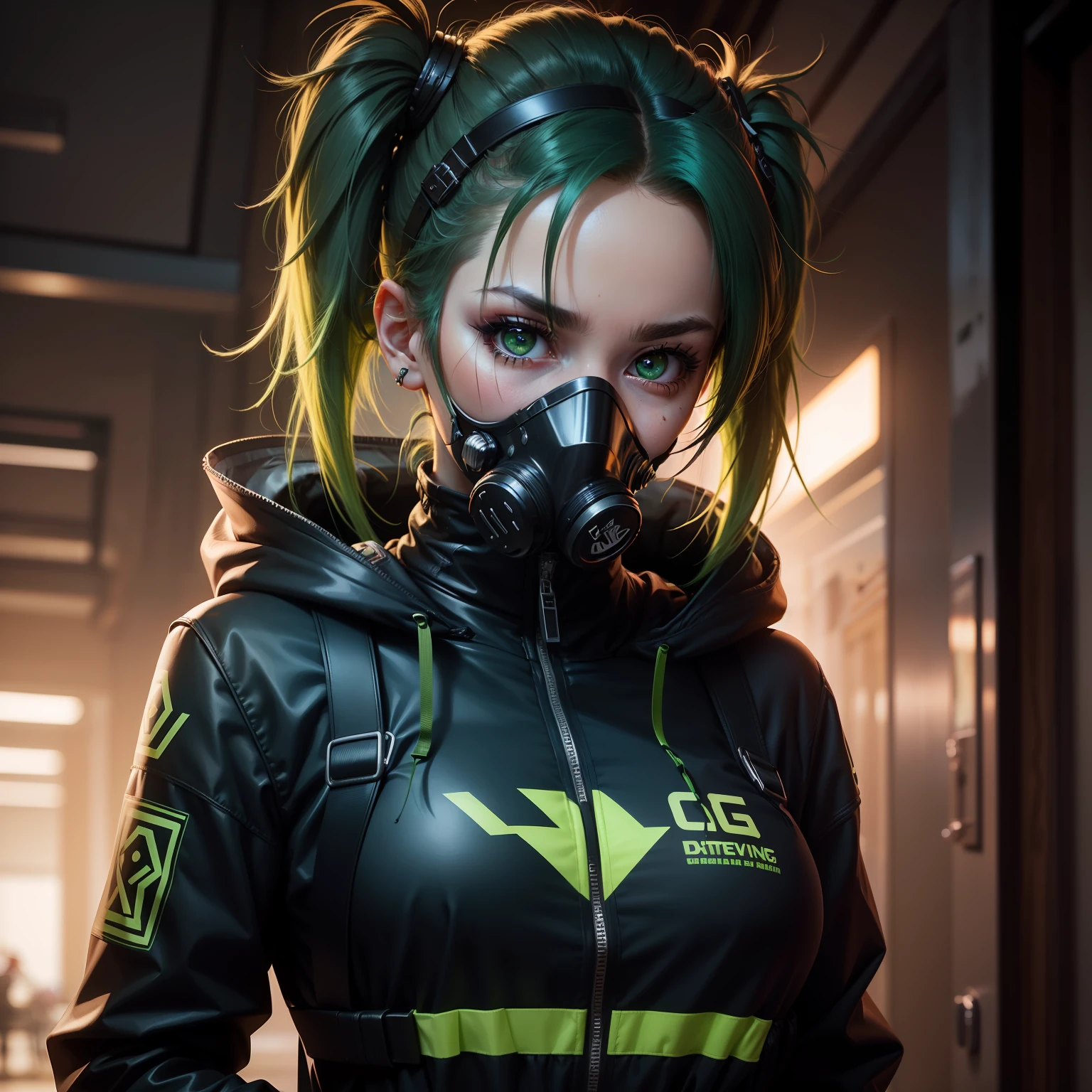 ultra detalhe, alta resolução, ultra detalhado, melhor qualidade, Awesome, qualidade superior, extremamente detalhado CG unidade de papel de parede 8k, cinematic lighthing, pretty girl with black pigtail hair with green tips wearing a gas mask with green accents and wearing a black protective suit with a high collar, cyberpunk, dark girl