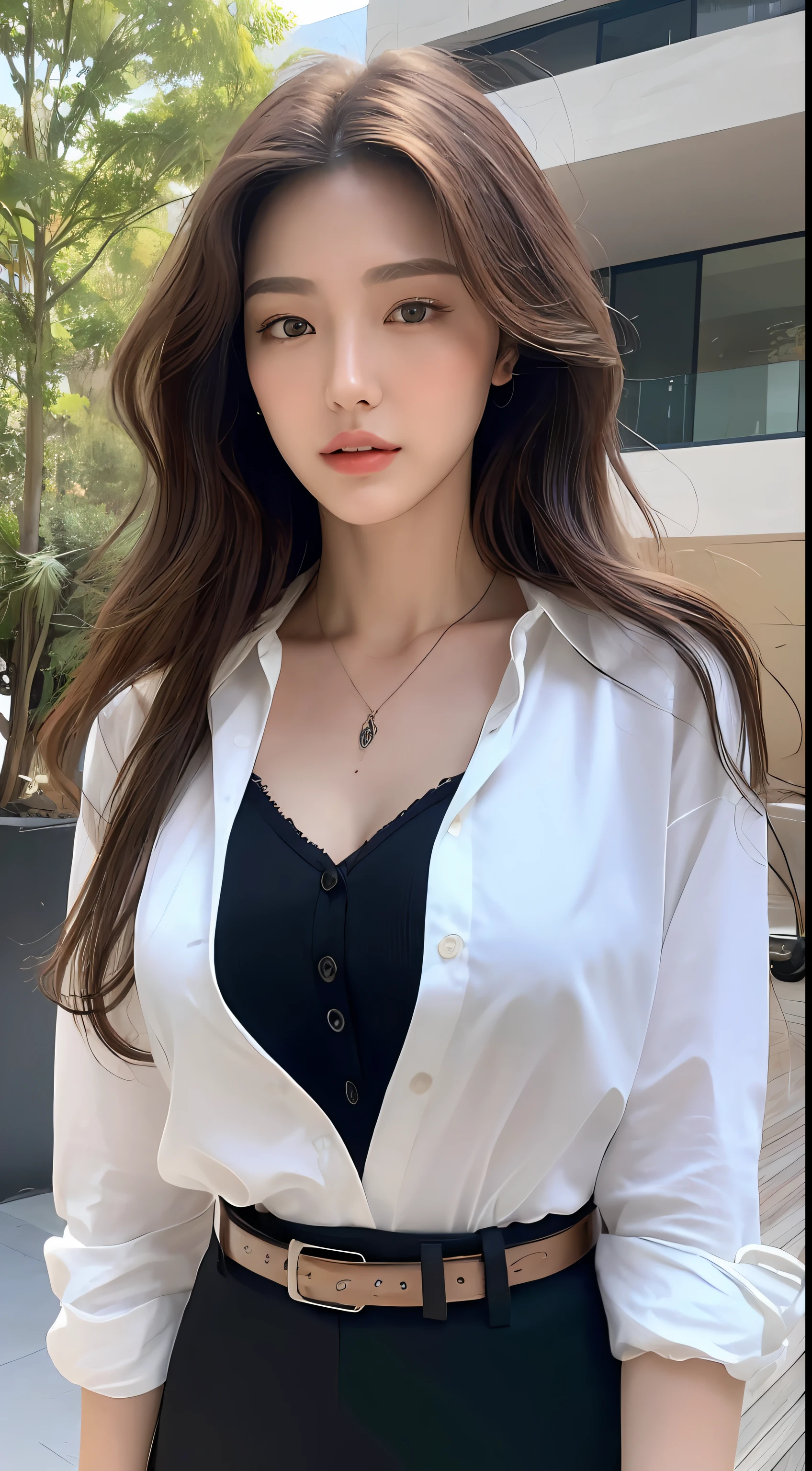 (Best quality, High resolution, Masterpiece :1.3), A tall and pretty woman, Slender abs, Dark brown hair styled in loose waves, Breasts, Wearing pendant, White button up shirt, Belt, Black skirt, (Modern architecture in background), Details exquisitely rendered in the face and skin texture, Detailed eyes, Double eyelid