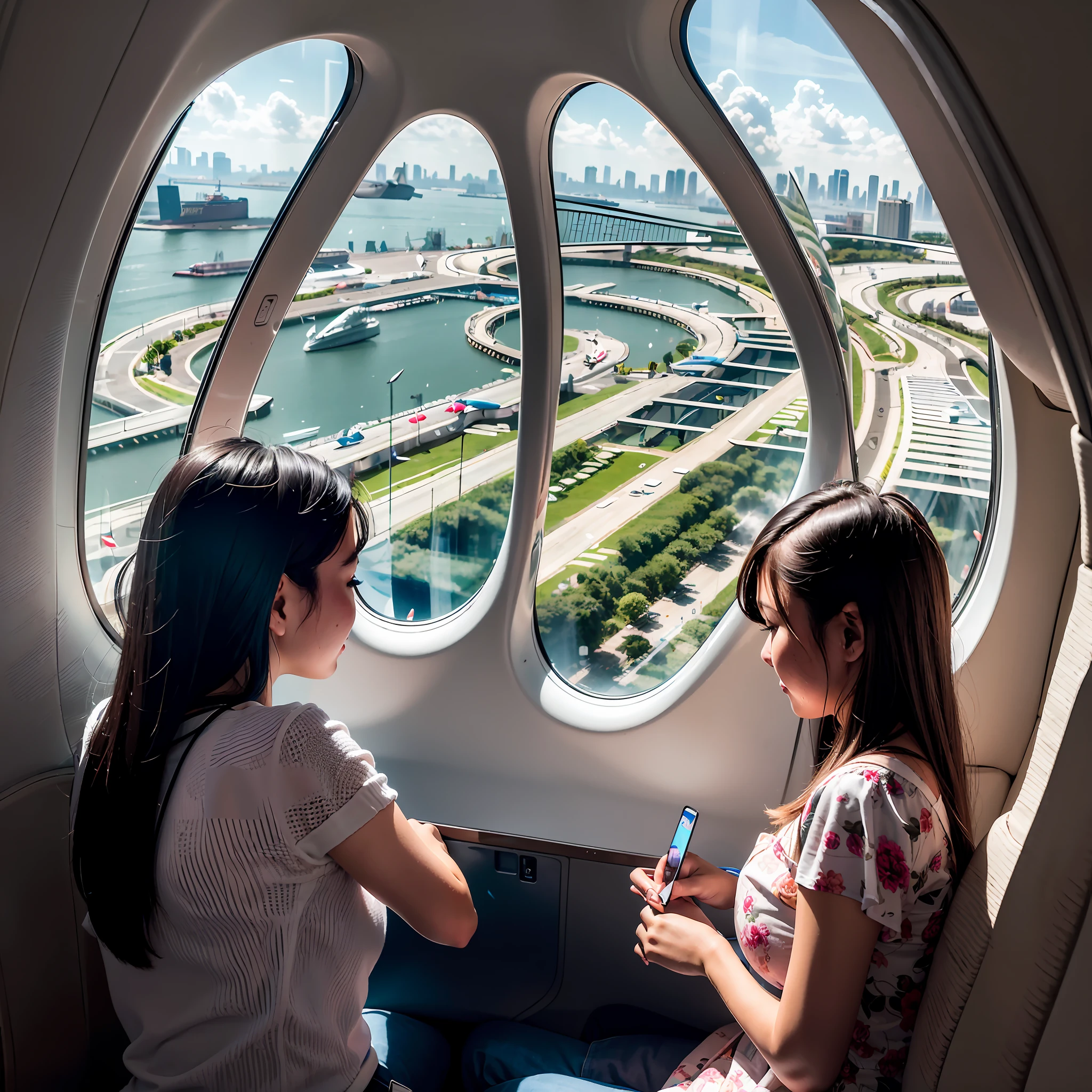 The height of the aircraft is 10,000 meters,A group of 16-year-old beautiful women sit by the window of a large Airbus A380 aircraft,Bird's eye view of the entire city of Guangzhou