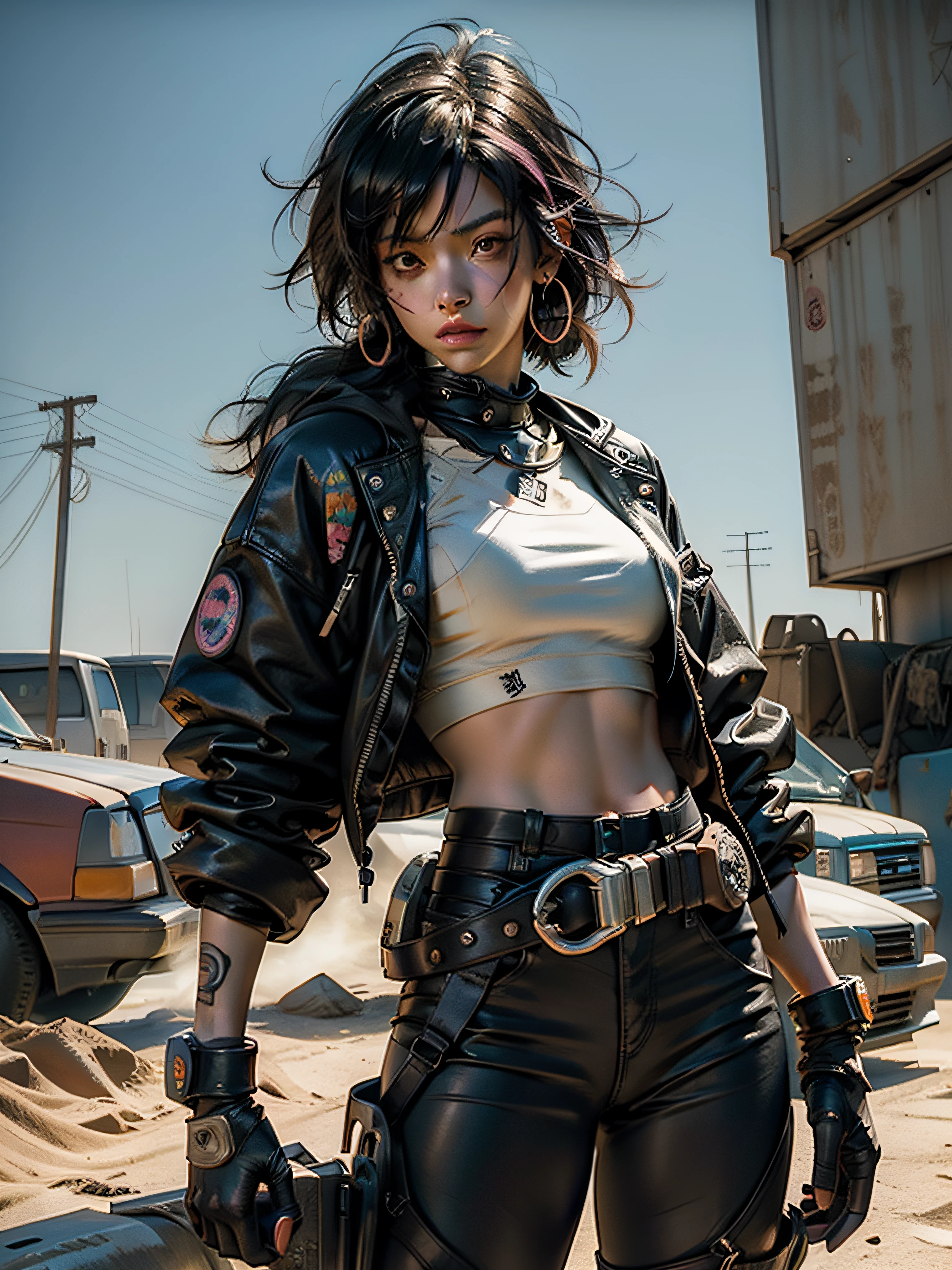 Nijistyle, Nijistyle, Illustration of a cyberpunk girl with modern clothes, cabelo moicano coloridos no deserto de Mojave, carros estilo mad max rodam ao fundo