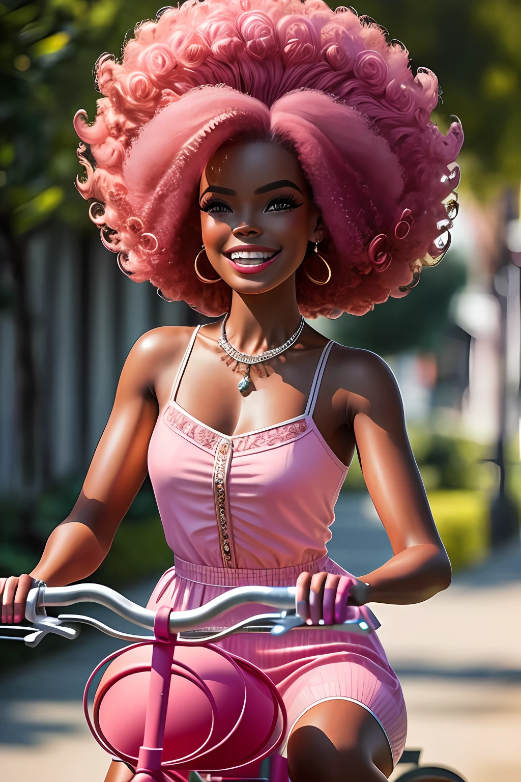 (16k, foto RAW, melhor qualidade, obra-prima: 1.2), ultra-detalhado, arte formal, fotorrealismo: 1.37, foto na parte superior do corpo, mulher  ((AFRO AMERICANA,beleza, BARBIE,smiling and he smiles, pose sentada em uma bicicleta Rosa