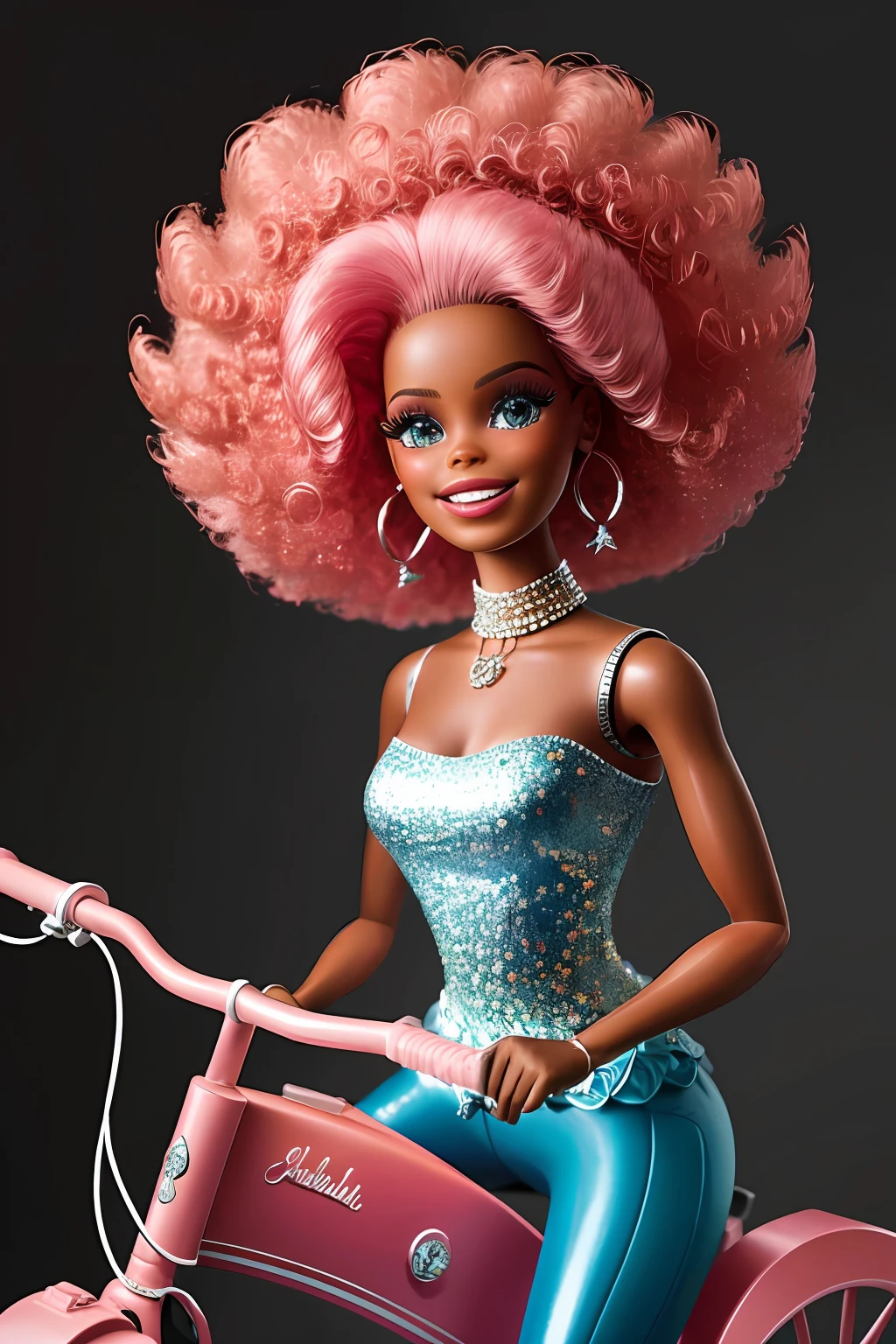 (16k, foto RAW, melhor qualidade, obra-prima: 1.2), ultra-detalhado, arte formal, fotorrealismo: 1.37, foto na parte superior do corpo, mulher ((AFRO AMERICANA,beleza, BARBIE,smiling and he smiles, pose sentada em uma bicicleta Rosa