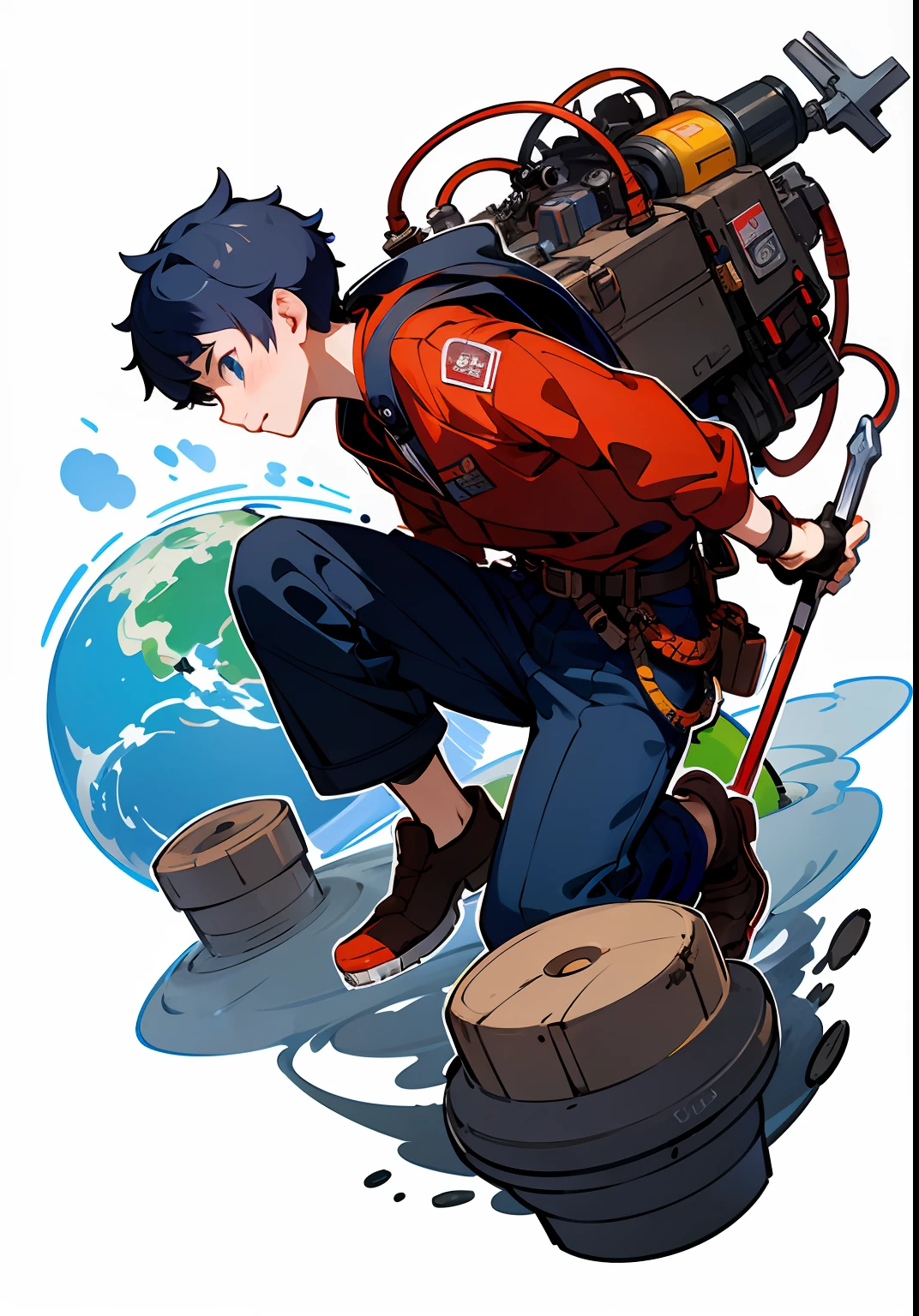 A cartoon close-up with a wrench, Wearing a builder's uniform, full device, Taiwan, image, engineer, avatar for website, akihiko yoshida!, professional illustrations, Lively movements,with earth, Chiba Yuda, offcial art, official character illustration, Official illustration, full body mascot, High-quality fanart