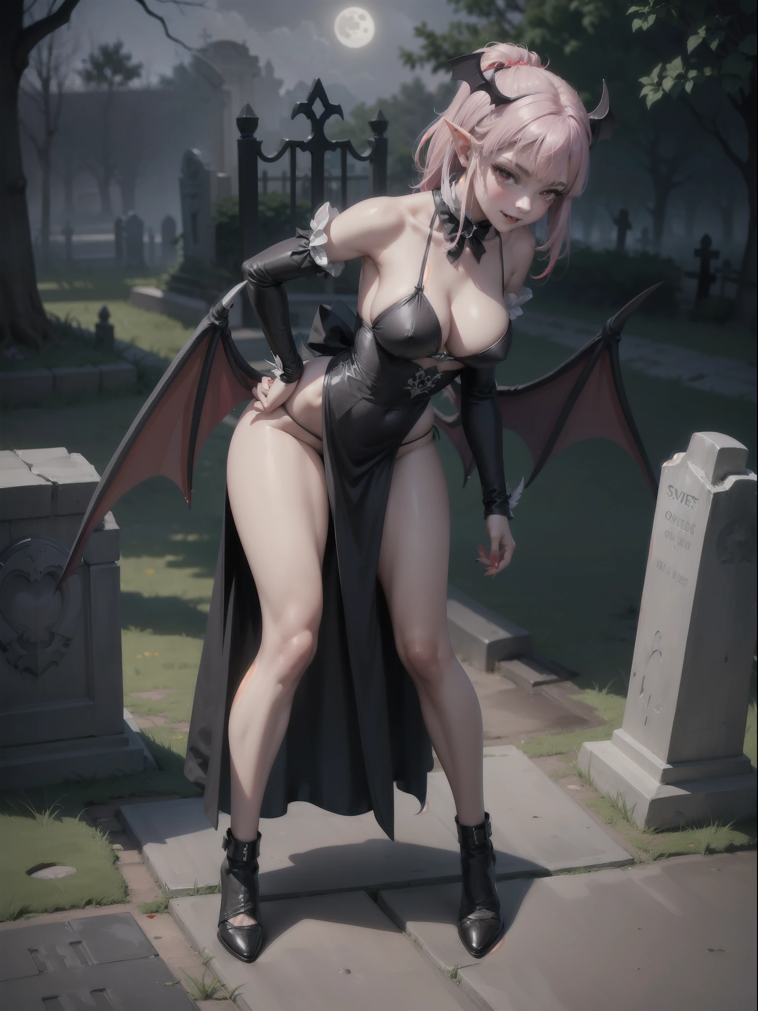 Princess Zelda Vampire, wearing extremely sexy black maid costume with extremely tight white shorts and tight on the body, extremely sensual, ((lots of blood on the body and floor)), she has ((large bat wings)), exaggeratedly large breasts, very sensual body, looking at the viewer, smiling, doing sensual pose leaning against a tombstone, short red mohawk hair, sparkling red eyes, macabre graveyard, is at night, fog, skulls on the ground, tombstones, terrifying weather, a full moon in the sky, ((((full body)))), 16k, UHD, Better quality, better resolution, better detail