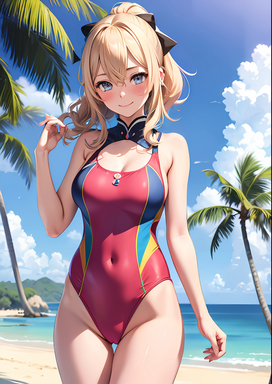 1girl, adult woman, (Naked: 1.4), (Blushing:1.4), (vinil highleg one-piece swinsuit, frontal ziper), blushed, Smile, Cowboy Shot, Slim body, Small breast, small boobs, Full Body, Detailed background: Beach and palmtrees, summer