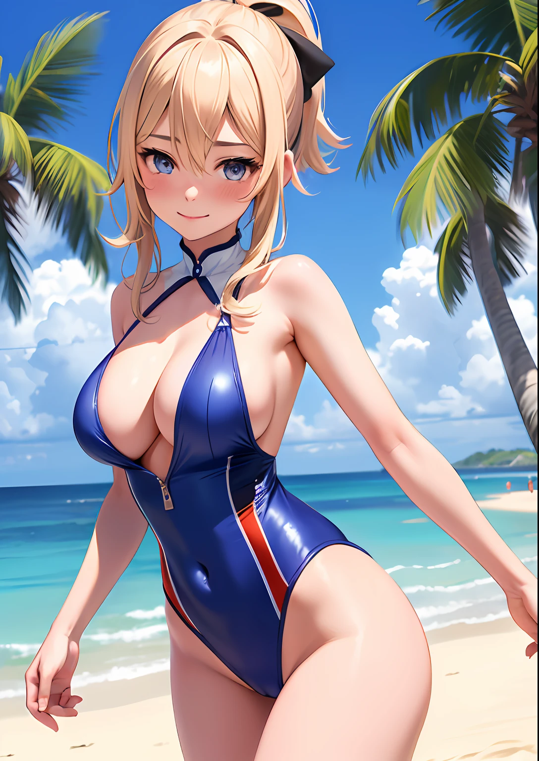 1girl, adult woman, (Naked: 1.4), (Blushing:1.4), (vinil highleg one-piece swinsuit, frontal ziper), blushed, Smile, Cowboy Shot, Slim body, Small breast, small boobs, Full Body, Detailed background: Beach and palmtrees, summer