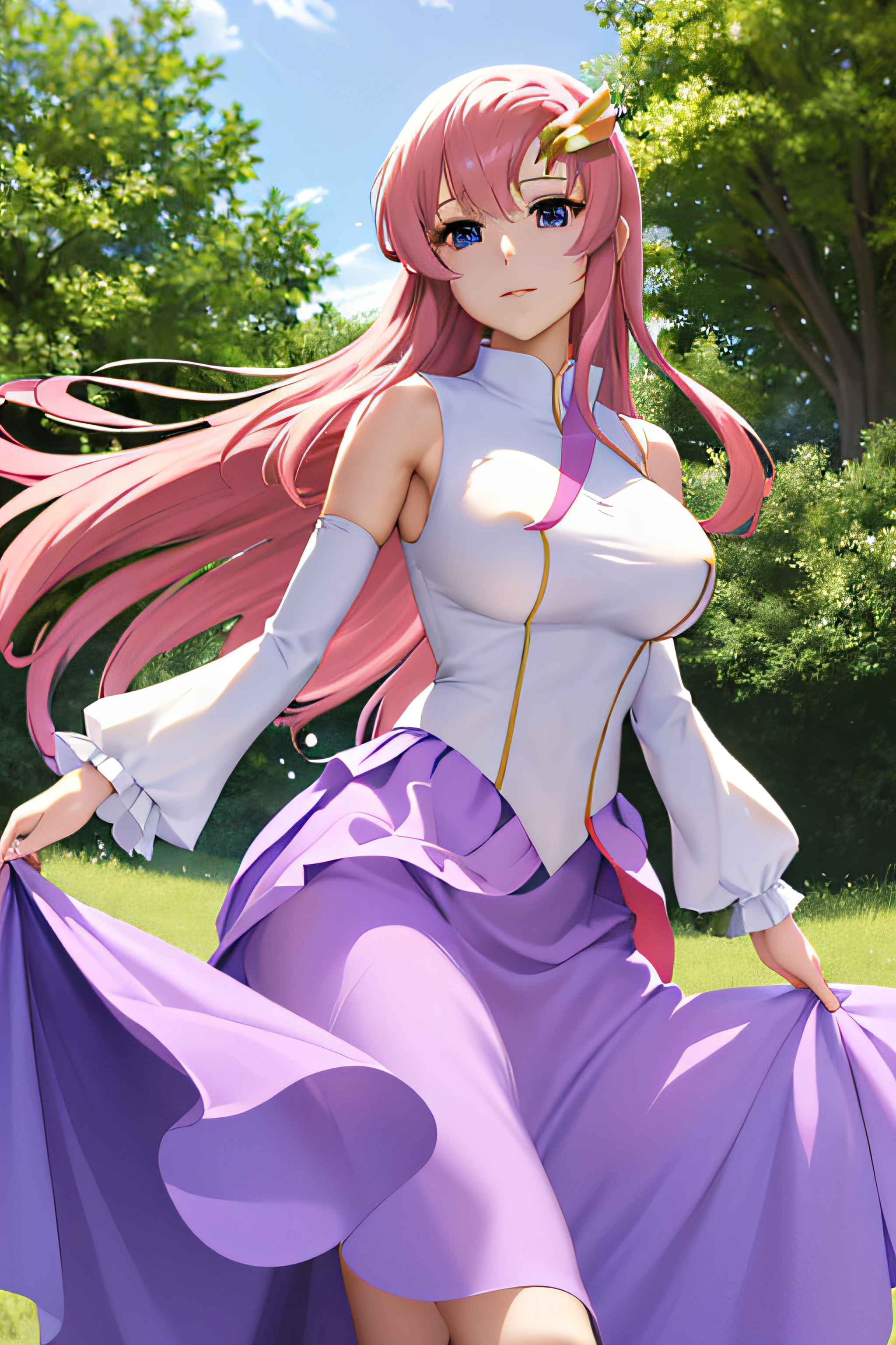 masterpiece, best quality, highres, anime, lacus1, 1girl, solo, lacus1, 1girl, solo, pink hair, straight hair, hair ornament, white detached sleeves, blue eyes, white dress, purple skirt, long skirt, very long hair, bare shoulders, large breasts, (skirt lift:1.3), (thong:1.1)