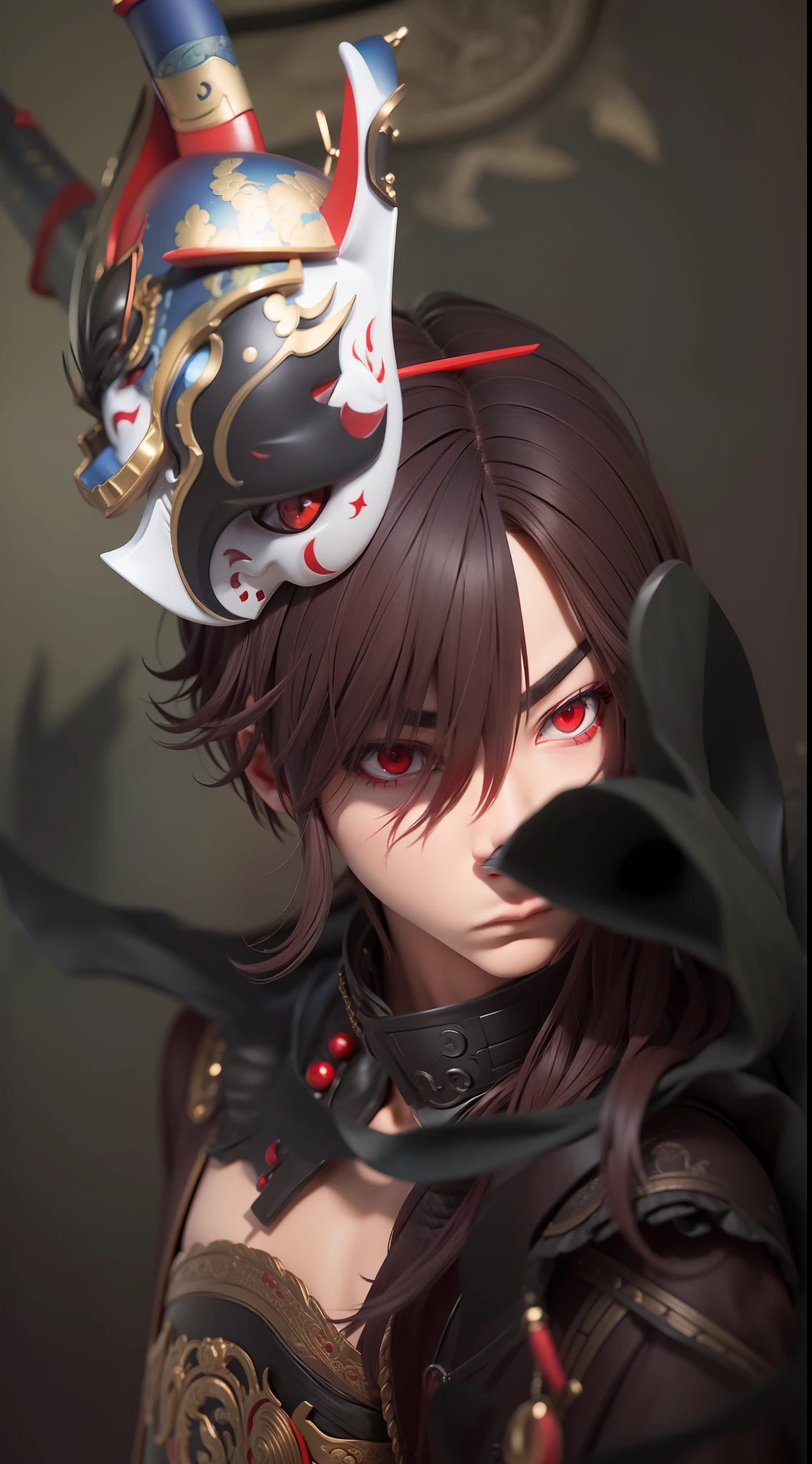 ridiculous resolution, high resolution, (masterpiece:1.4), super detailed, 1boy, dark , red eyes , mask , yakuza