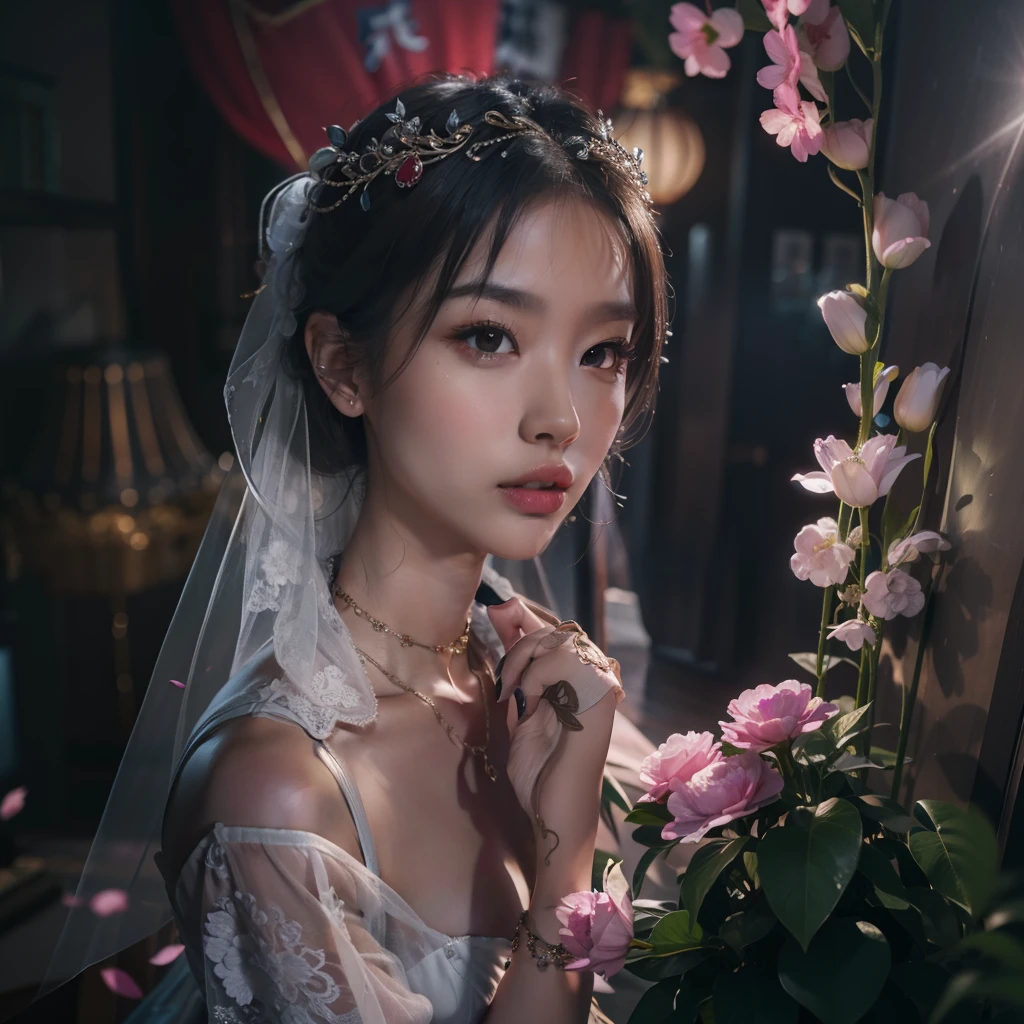 best quality, masterpiece, highres, 1girl,china wedding dress,hair ornament,necklace, jewelry,Beautiful face,upon_body, tyndall effect,photorealistic, dark studio, rim lighting, two tone lighting,(high detailed skin:1.2), 8k uhd, dslr, soft lighting, high quality, volumetric lighting, candid, Photograph, high resolution, 4k, 8k, Bokeh