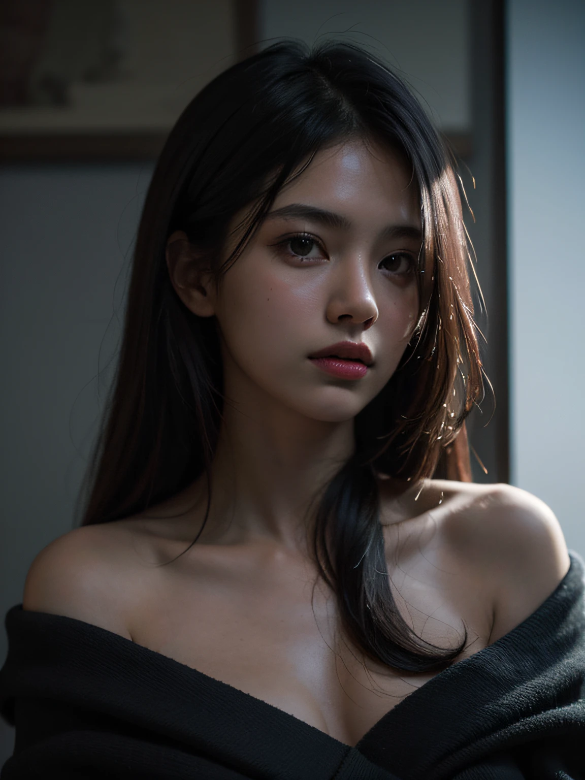 Best quality, masterpiece, ultra high res, (photorealistic:1.4), raw photo, 1girl, offshoulder, in the dark, deep shadow, low key, cold light