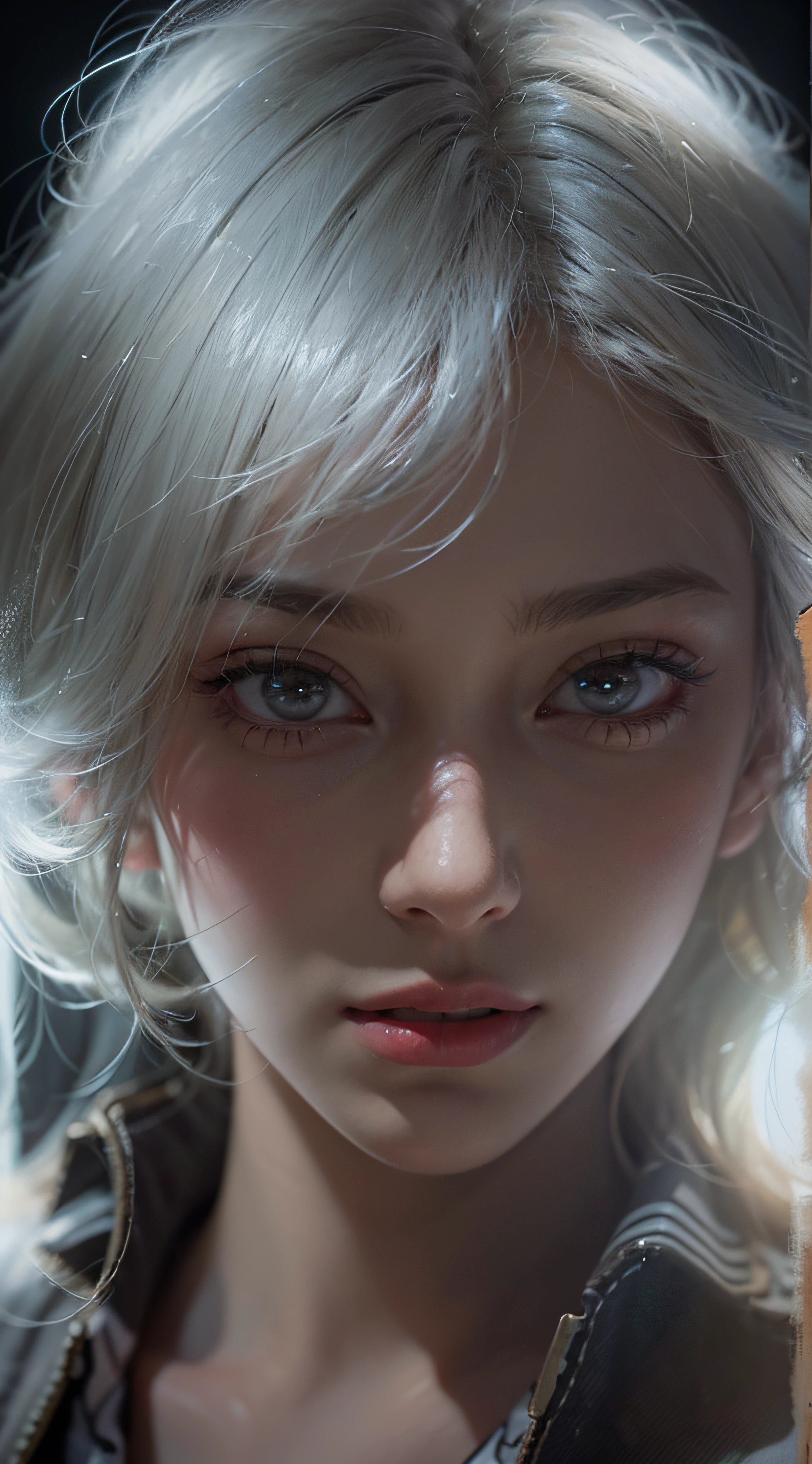 (front focus),(in the dark:1.6),
Hyperrealist portrait of female by david hockney and alphonse mucha,fantasy art, photo realistic, dynamic lighting, artstation, poster, volumetric lighting, very detailed faces, 4 k, award winning,, 1girl, in the dark, deep shadow, low key,cowboy shot,(official clothing:1.4) ,long hair,white hair,