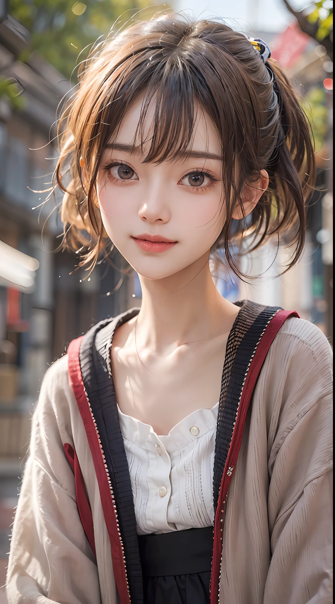 masterpiece、1 beautiful girl、A detailed eye、Puffy eyes、top-quality, 超A high resolution, (Realisticity: 1.4), OriginalPhotographs,cinematlic lighting、japanes、Super beauty、Beautiful skin、A slender、(A hyper-realistic)、(hight resolution)、(8K)、(ighly detailed)、(beautifully detailed eyes)、(ultra-detailliert)、(A detailed face)、looking at viewert、very smiling、Facing straight ahead、Black colored eyes、the body is facing forward、Vivid street trees、Hair color is brown、short-cut、Japanese high school girl、The background is a group of urban buildings、Costume is a white cardigan、