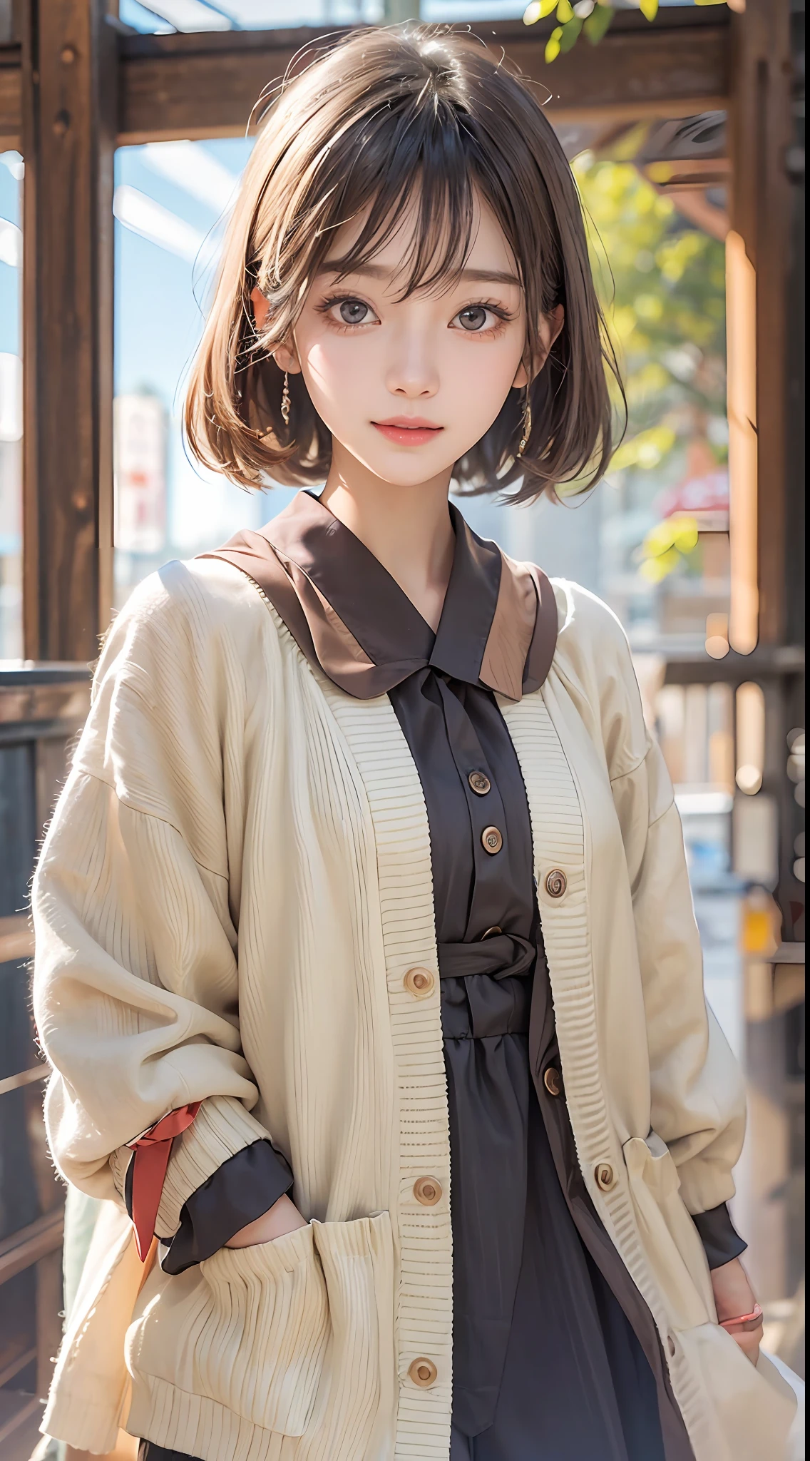 masterpiece、1 beautiful girl、A detailed eye、Puffy eyes、top-quality, 超A high resolution, (Realisticity: 1.4), OriginalPhotographs,cinematlic lighting、japanes、Super beauty、Beautiful skin、A slender、(A hyper-realistic)、(hight resolution)、(8K)、(ighly detailed)、(beautifully detailed eyes)、(ultra-detailliert)、(A detailed face)、looking at viewert、very smiling、Facing straight ahead、Black colored eyes、the body is facing forward、Vivid street trees、Hair color is brown、short-cut、Japanese high school girl、The background is a group of urban buildings、Costume is a white cardigan、