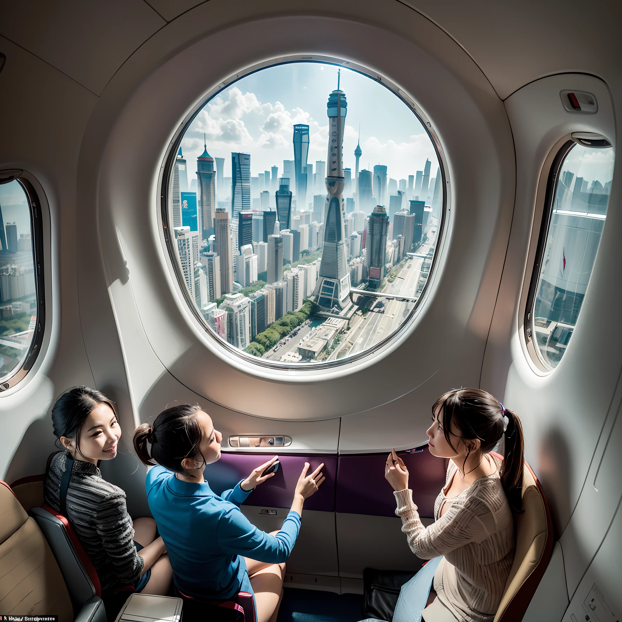 The height of the aircraft is 10,000 meters，A group of 16-year-old beautiful women sit by the window of a large Airbus A380 aircraft，Bird's eye view of the entire city of Guangzhou