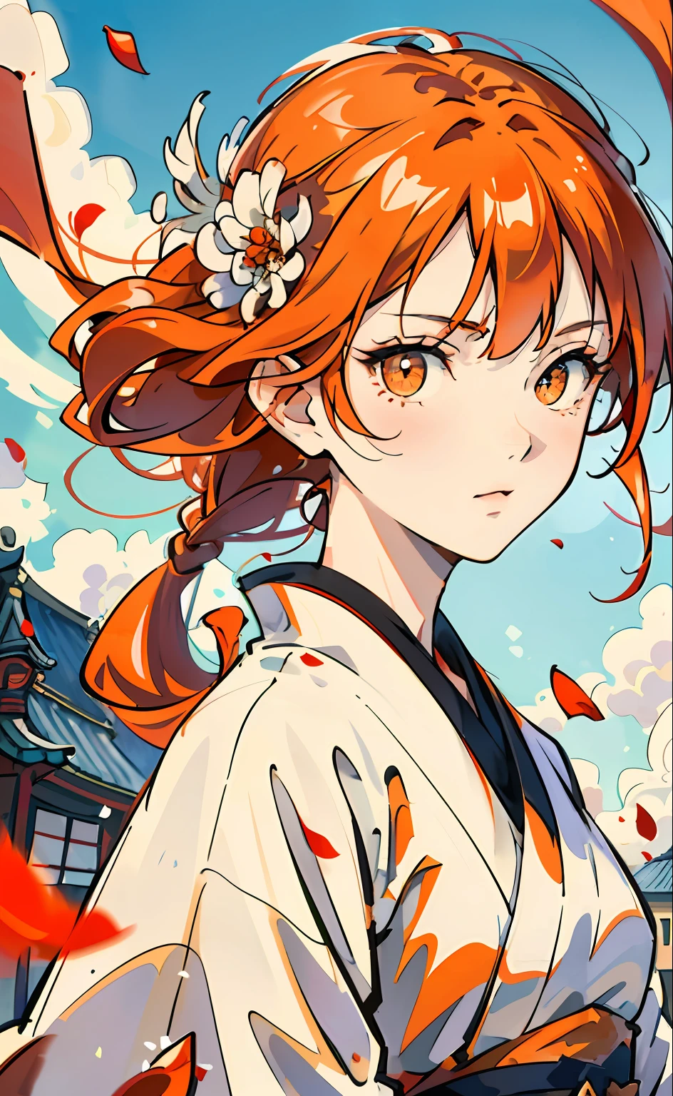 Mature girl, orange pupils, red-white hair color, floating hair, delicate and flexible eyes, fov, f/1.8, masterpiece, ancient japan architecture, blue sky, petals flying, front portrait shot,side light, sunlight illuminating people, 8K