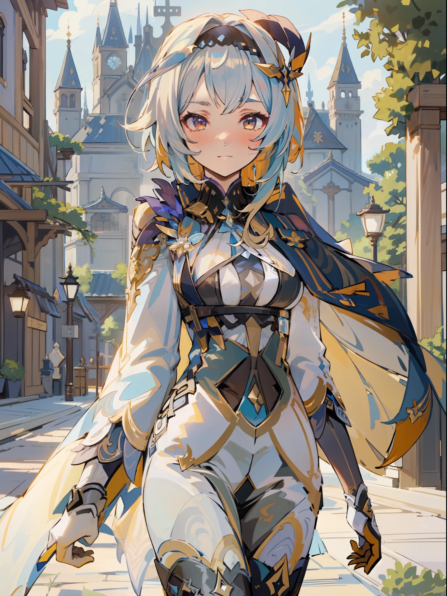 (eula, /genshin impact/), walking in a medieval age city, striking a dynamic pose, candidly, 1girl, (masterpiece), (perfect face), (perfect hand), (symetrical face proportions), (best quality) --4K --UHD