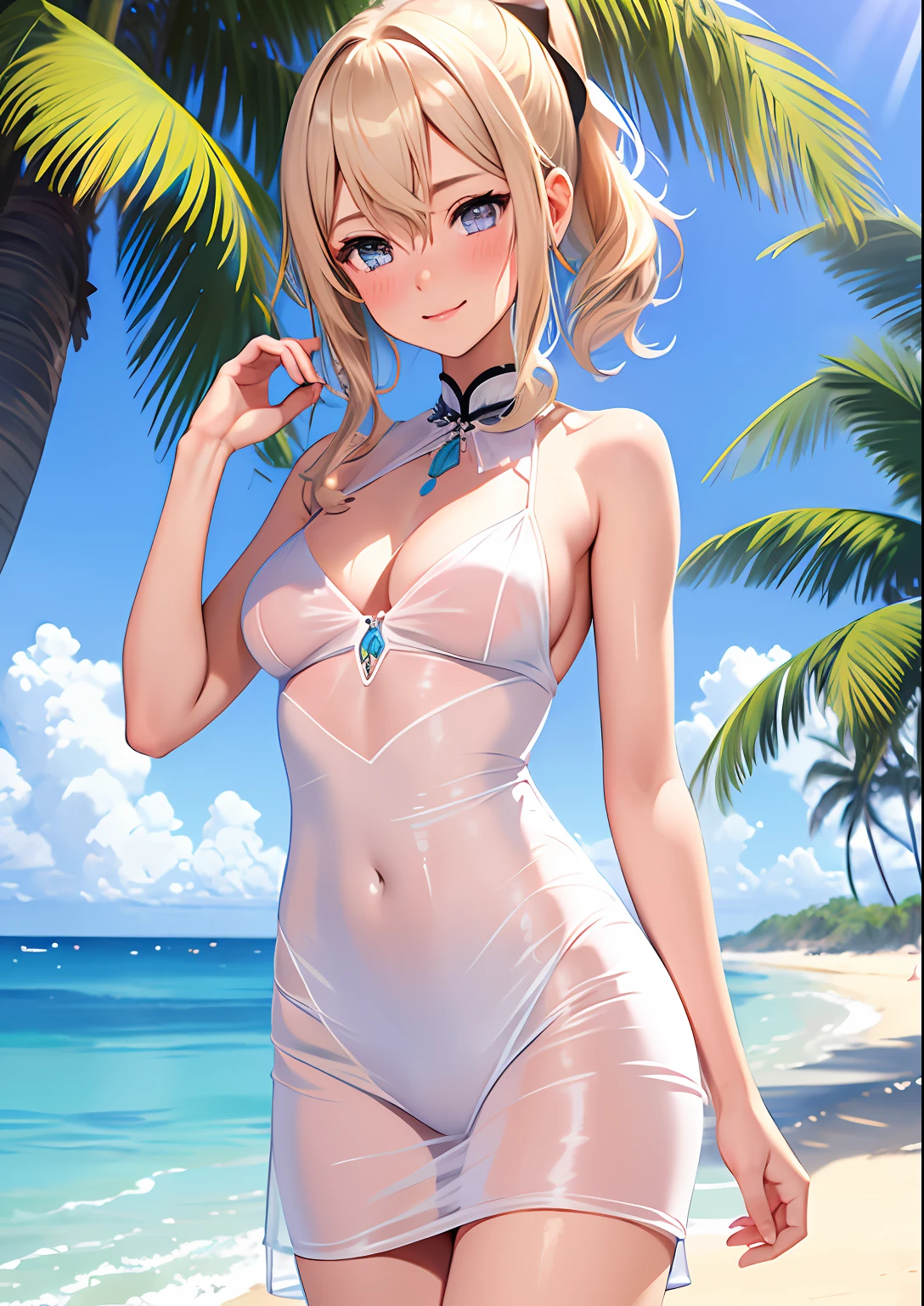 1girl, adult woman, (Naked: 1.4), (Blushing:1.4), (transparent wet silk white dress, fully naked under), blushed, Smile, Cowboy Shot, Slim body, Small breast, small boobs, Full Body, Detailed background: Beach and palmtrees, summer