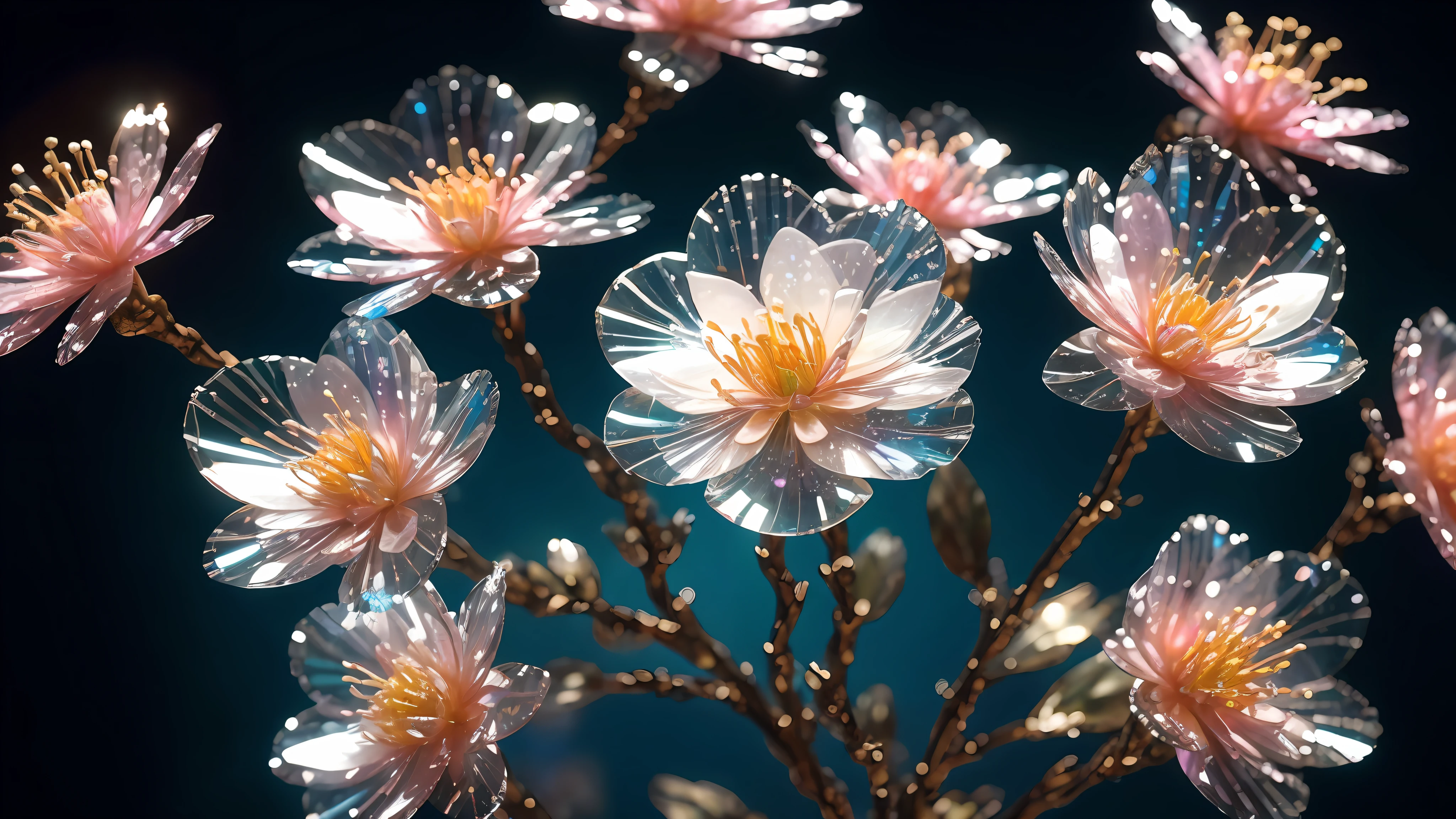 crystal spring blossom,
fantasy, galaxy, transparent, 
shimmering, sparkling, splendid, colorful, 
magical photography, dramatic lighting, photo realism, ultra-detailed, 4k, Depth of field, High-resolution