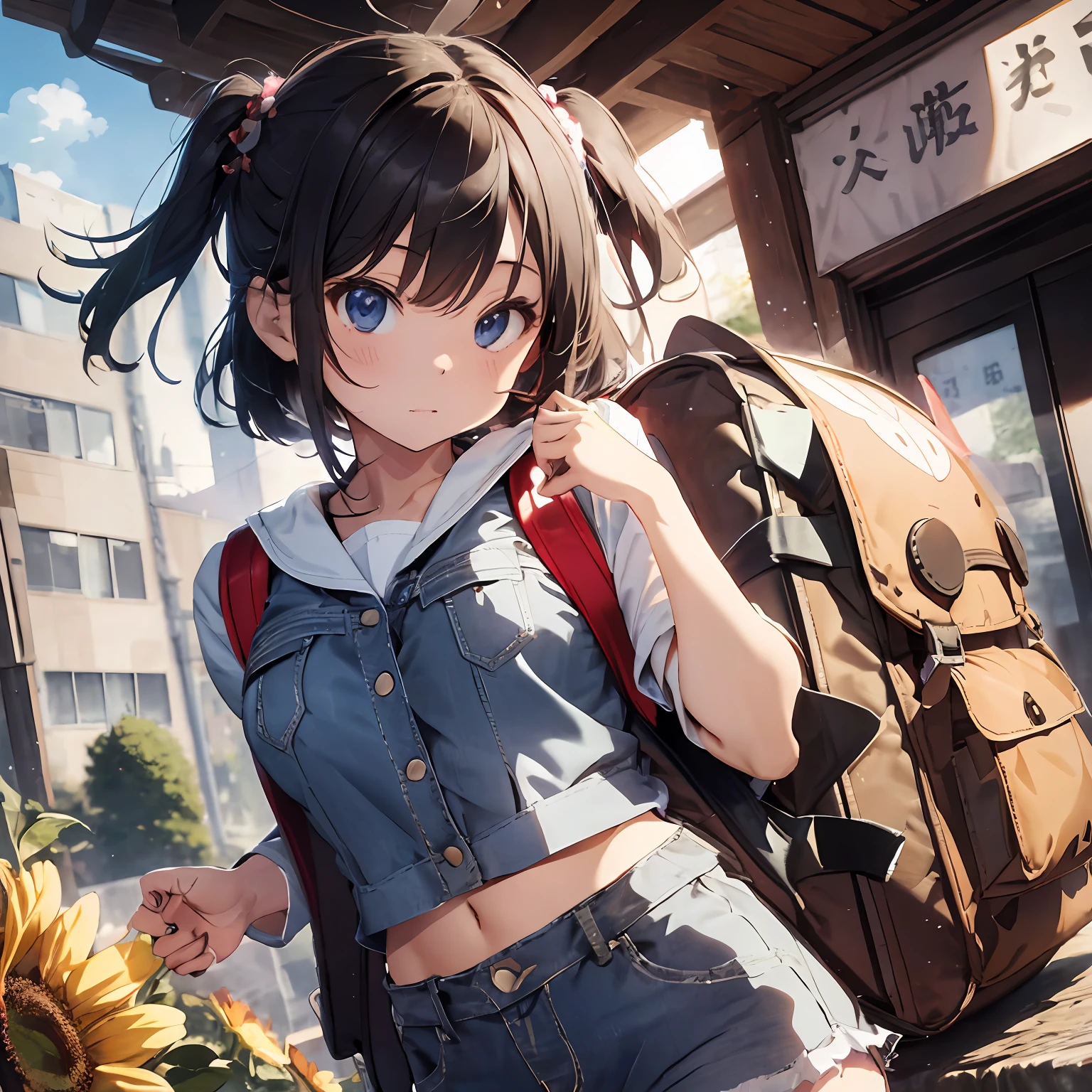Pale watercolor、Fractal cropped sailor suit、Low Rise Denim Hot Pants、rucksack、Sun flower、Thick eyebrows、(Huge backpack:1.5)、Rabbit ears、(masterpiece)、((top-quality))、(ultra-detailliert)、(in 8K)、Full Body Anime Girl、Clean and detailed anime face、High Resolution Anime Eyes、Five Fingers、textile shading、The perfect human structure、