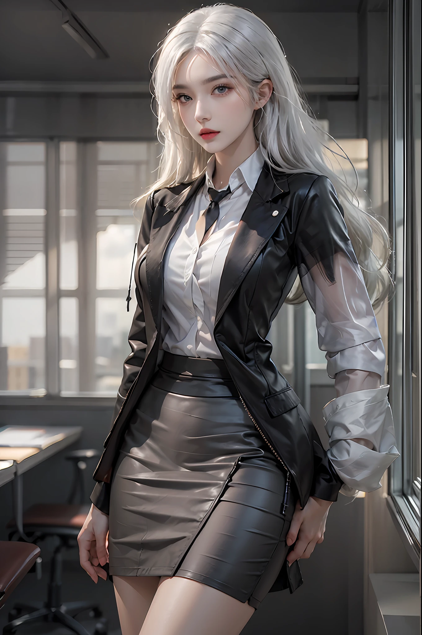 photorealistic, high resolution, 1 women, solo, hips_up, hips up, beautiful eyes, look at viewer, close lips, detailed face, white hair, long hair, collared shirt, black necktie,black skirt, pencil skirt, fur coat, stockings, office
